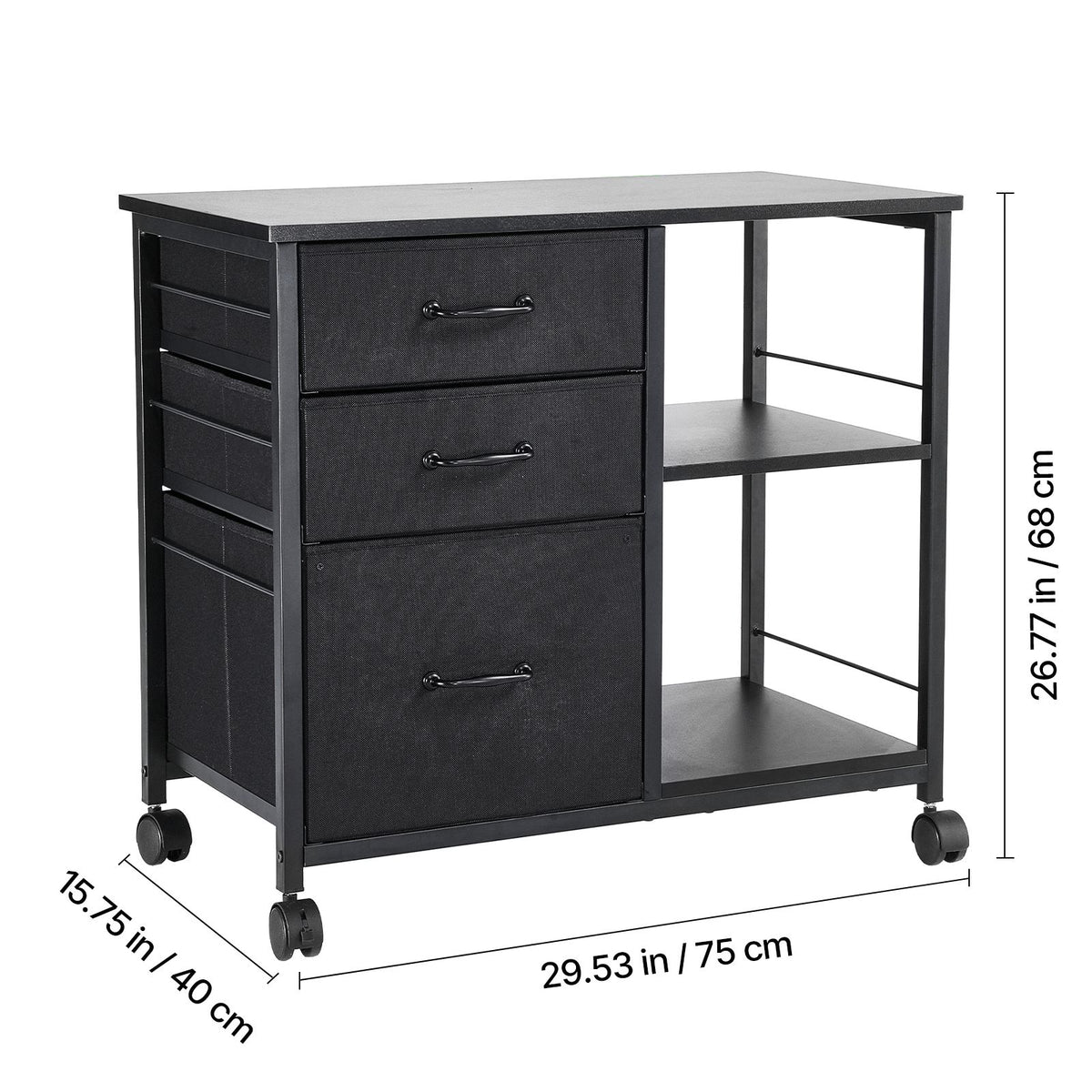 Mobile Metal File Cabinet, 3 Fabric Drawers & 2 Open Shelves, Rolling Black