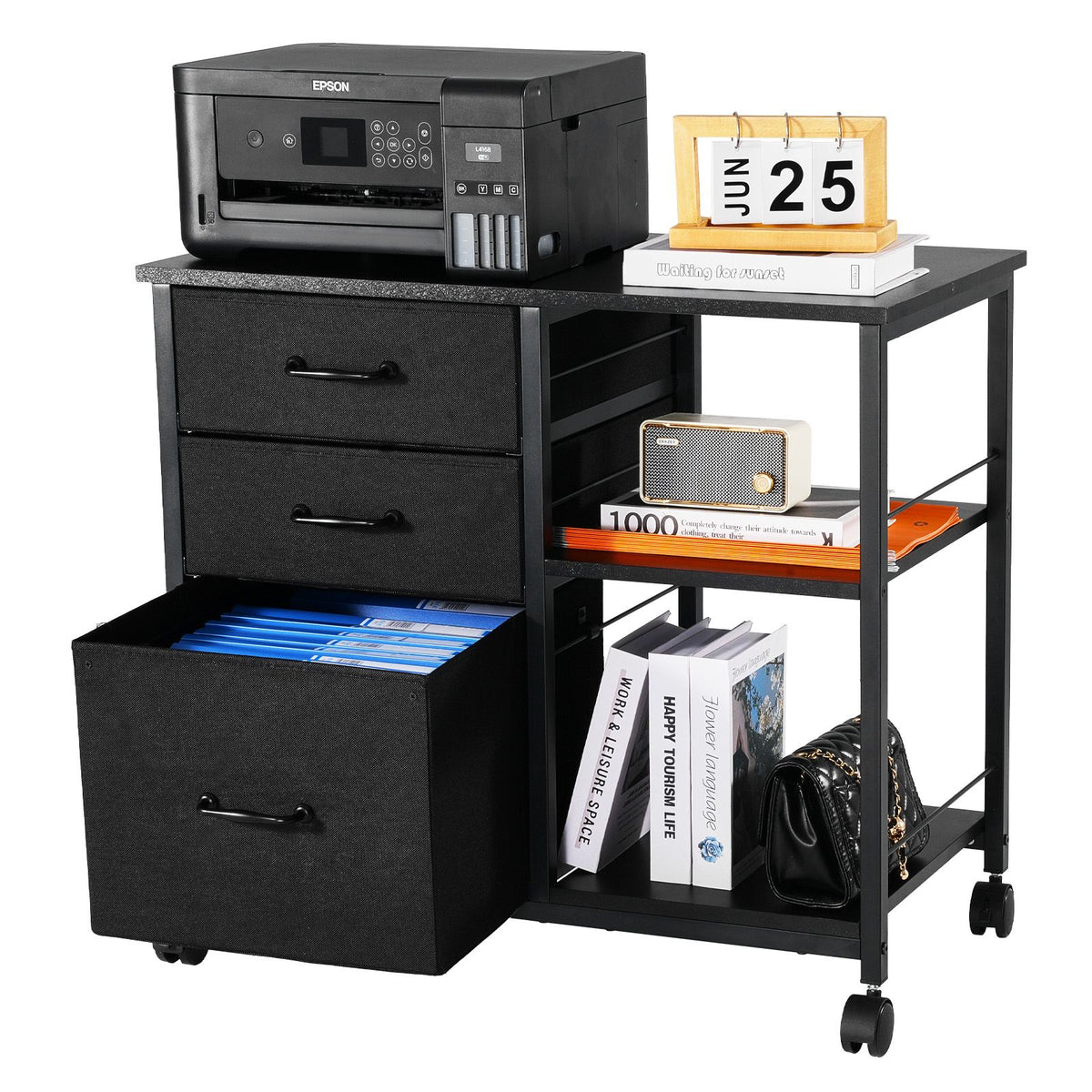 Mobile Metal File Cabinet, 3 Fabric Drawers & 2 Open Shelves, Rolling Black