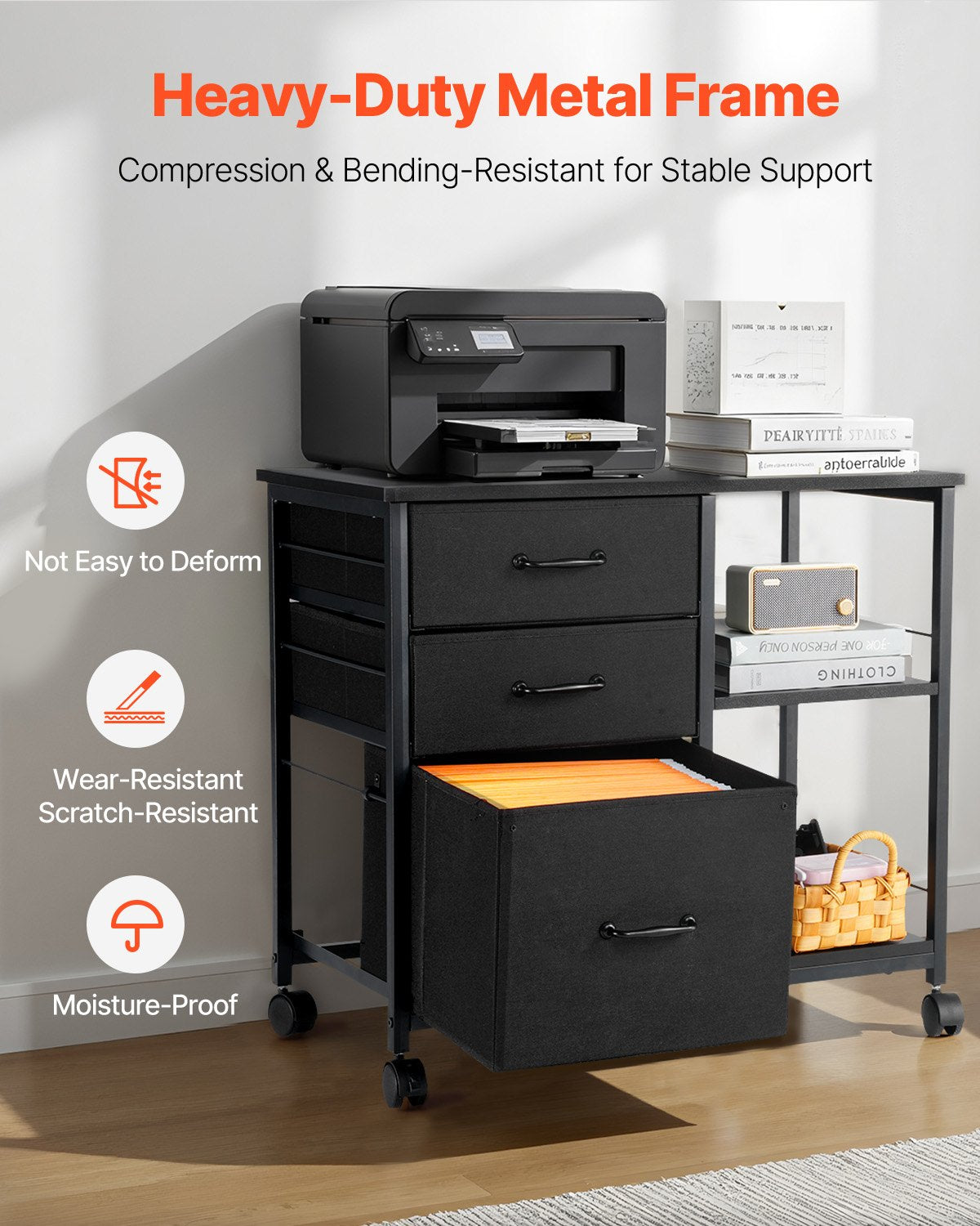 Mobile Metal File Cabinet with 3 Fabric Drawers and 2 Open Shelves Black