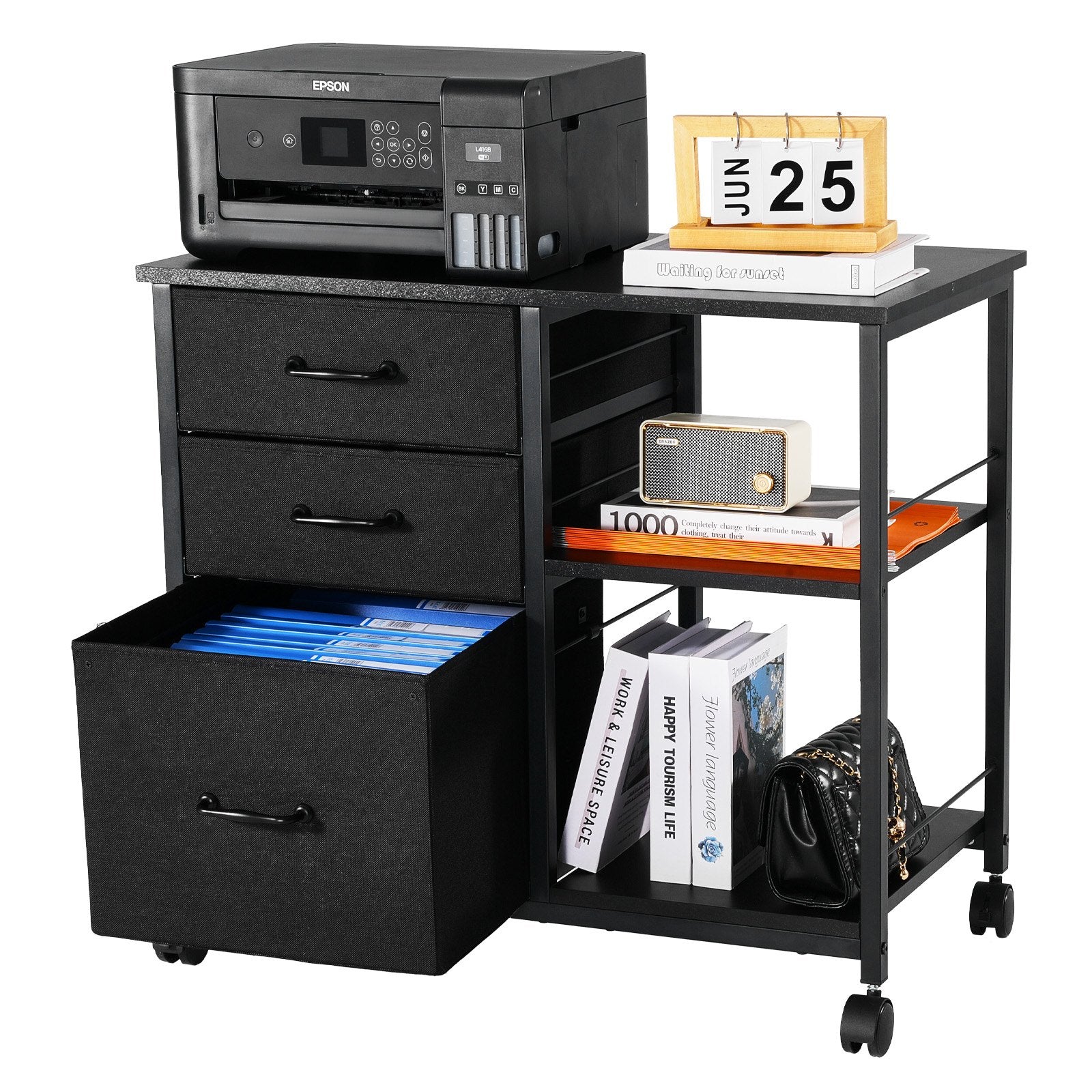 Mobile Metal File Cabinet with 3 Fabric Drawers and 2 Open Shelves Black