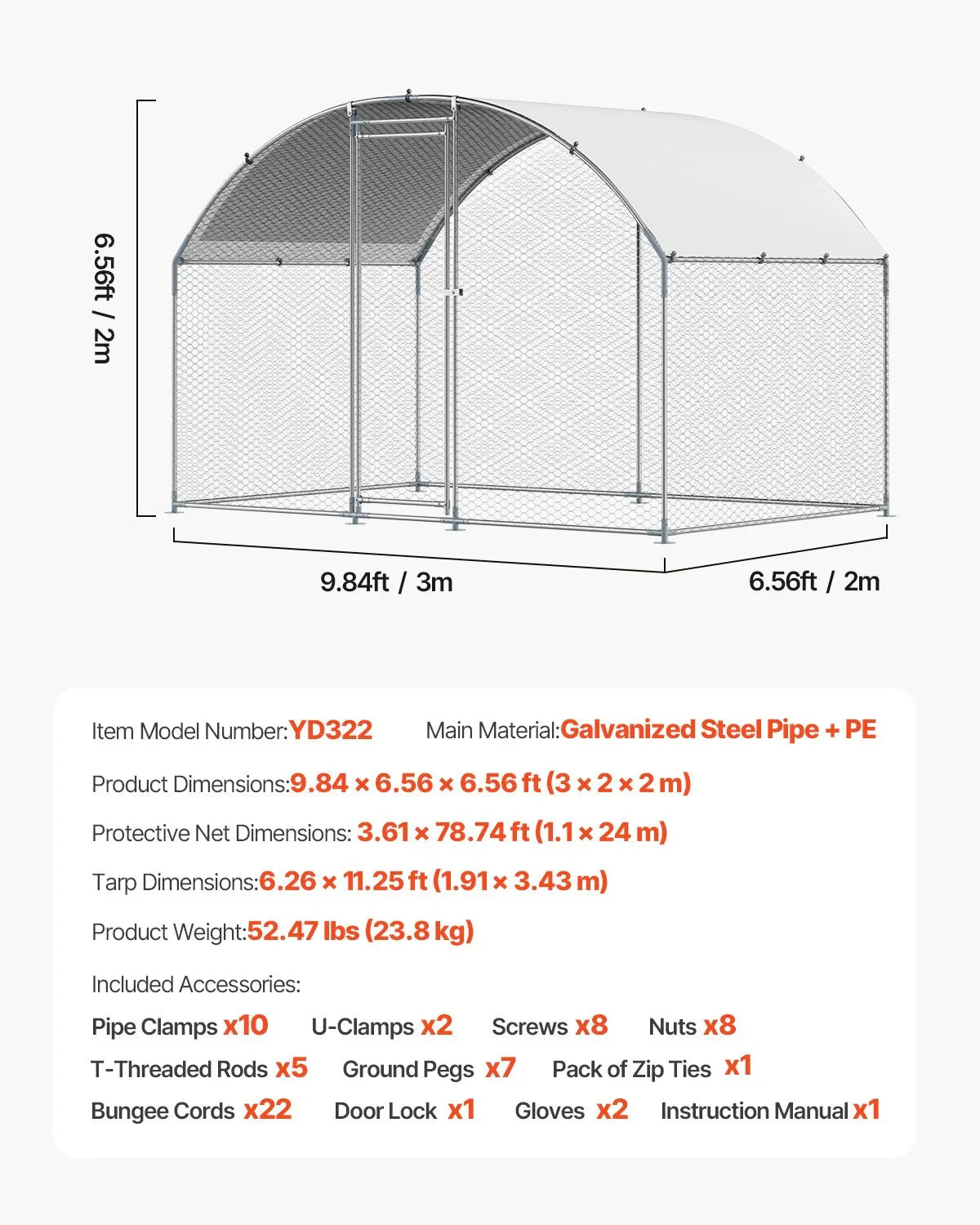 Metal Chicken Coop, 9.8x6.5x6.5ft Large Walk-in Chicken Runs with Cover, Doom Roof Hen House Enclosure with Security Lock, Outdoor Duck Rabbit Cage Poultry Pen for Backyard, Farm, Yard