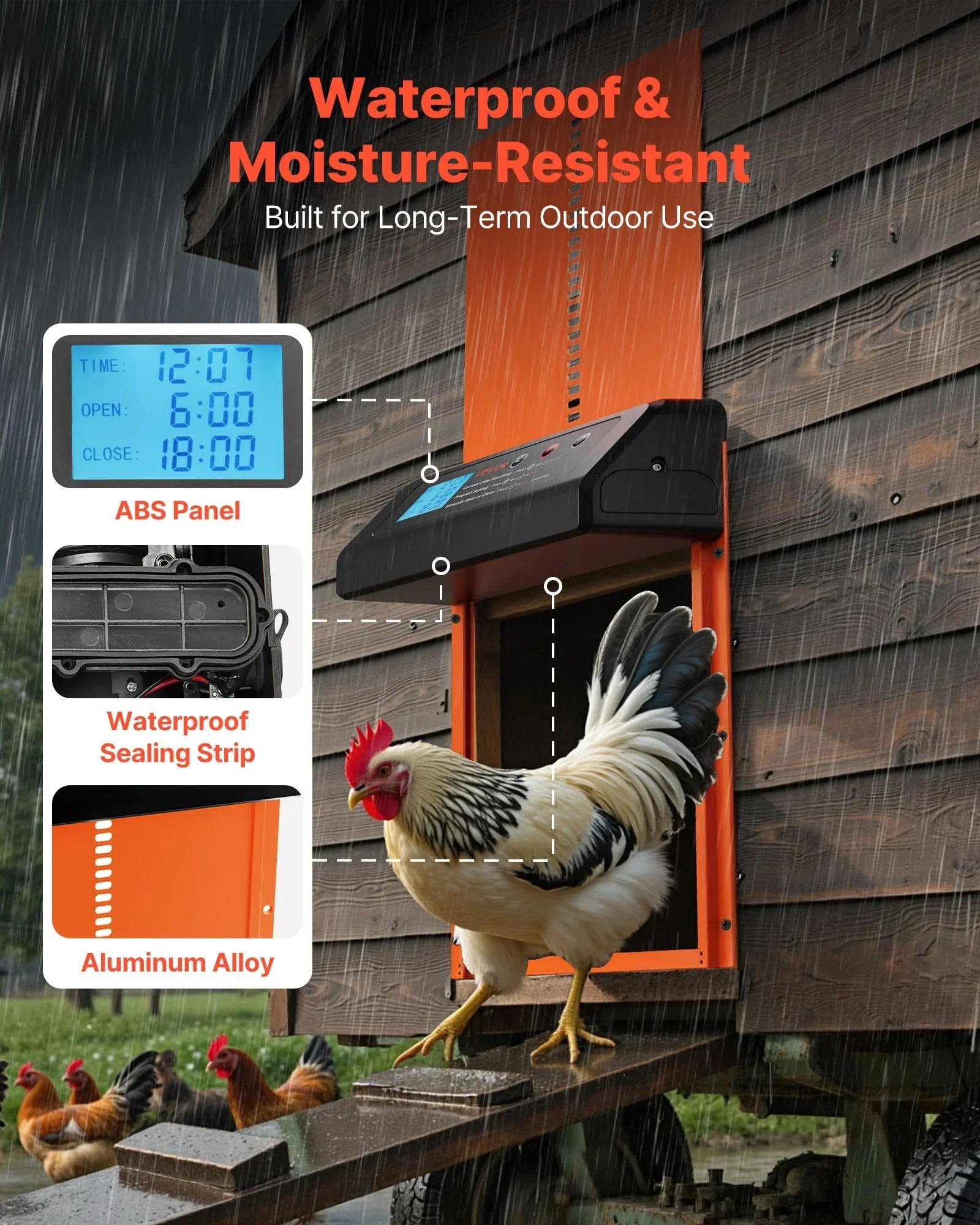 Automatic Chicken Coop Door, Battery Powered Chicken Coop Door with Timer & Manual Setting, Anti-Pinch Security, Durable Aluminum Alloy, Chick Run Gate Opener with Waterproof Sealing, Orange