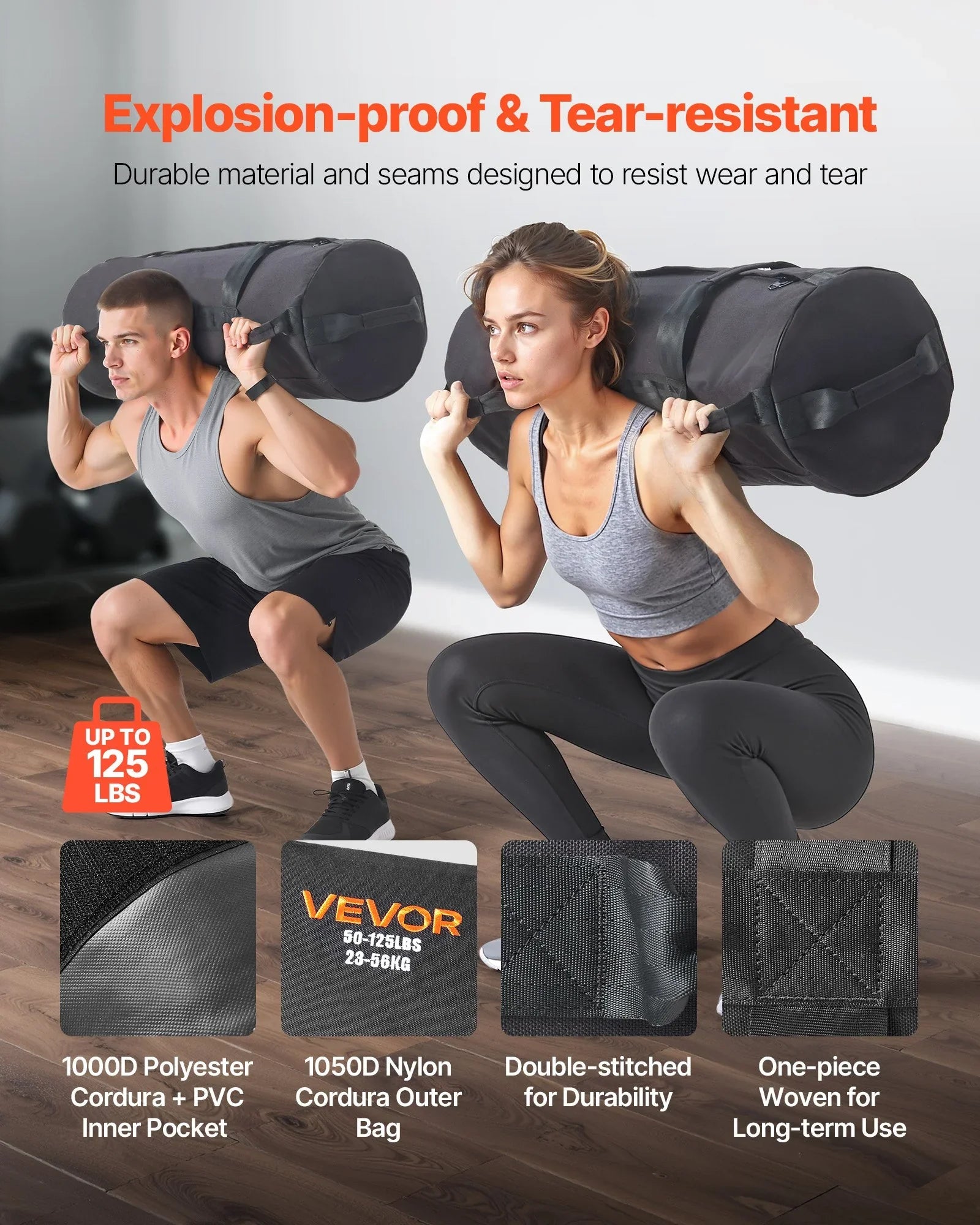 Workout Sandbag, Heavy Duty Workout Power Bags with Handles, 23-56 kg Adjustable Slam Bag for Fitness Strength Weight Training Cross-Training, Home Gym Exercise, Black (Unfilled)