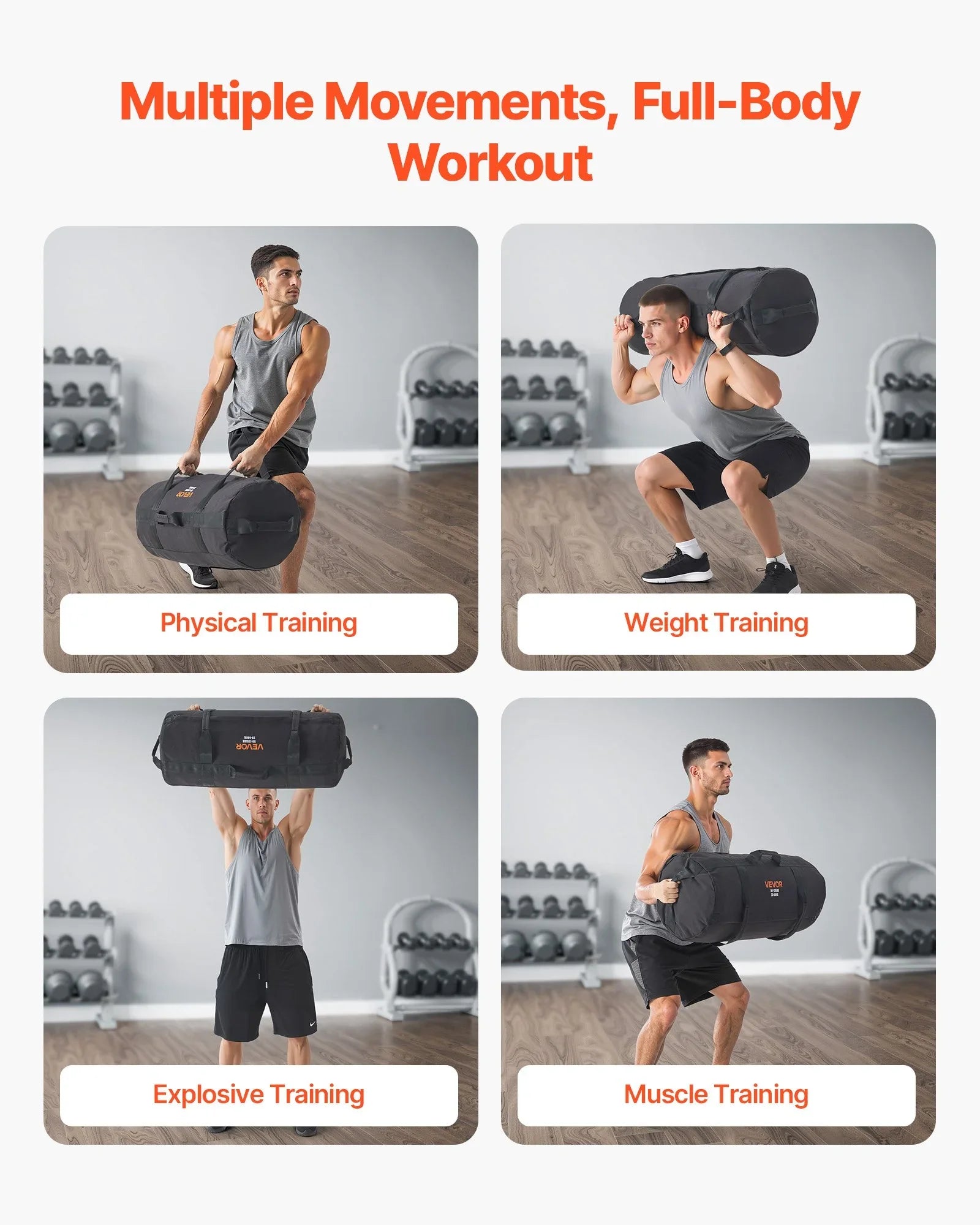 Workout Sandbag, Heavy Duty Workout Power Bags with Handles, 23-56 kg Adjustable Slam Bag for Fitness Strength Weight Training Cross-Training, Home Gym Exercise, Black (Unfilled)