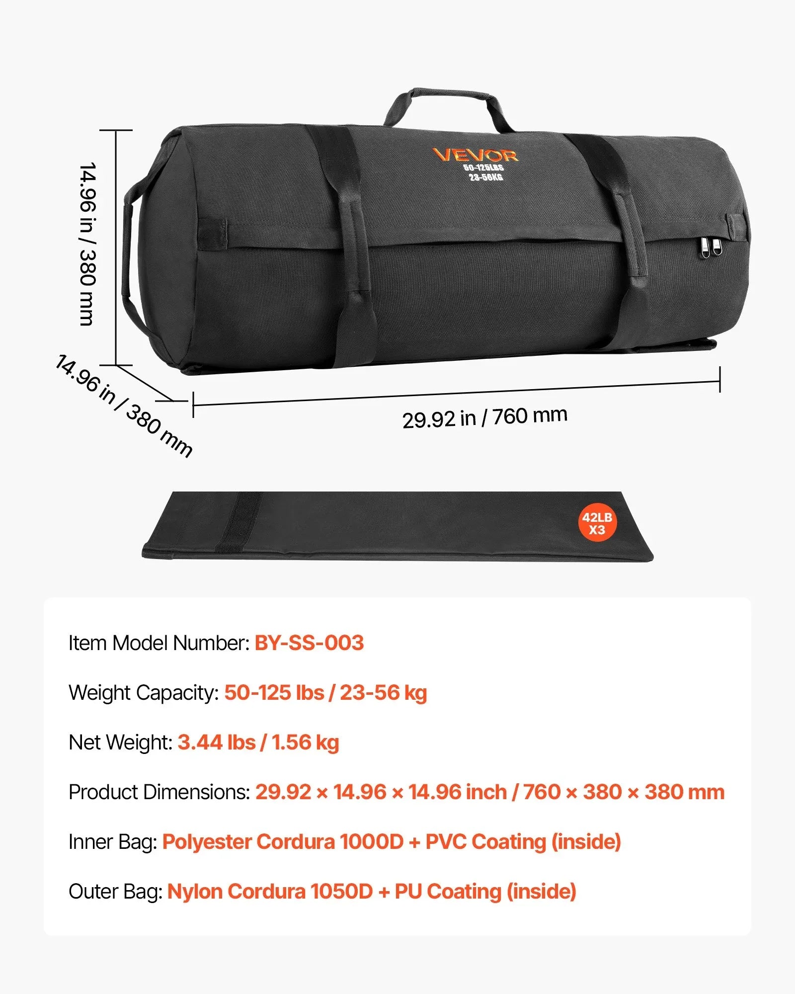 Workout Sandbag, Heavy Duty Workout Power Bags with Handles, 23-56 kg Adjustable Slam Bag for Fitness Strength Weight Training Cross-Training, Home Gym Exercise, Black (Unfilled)