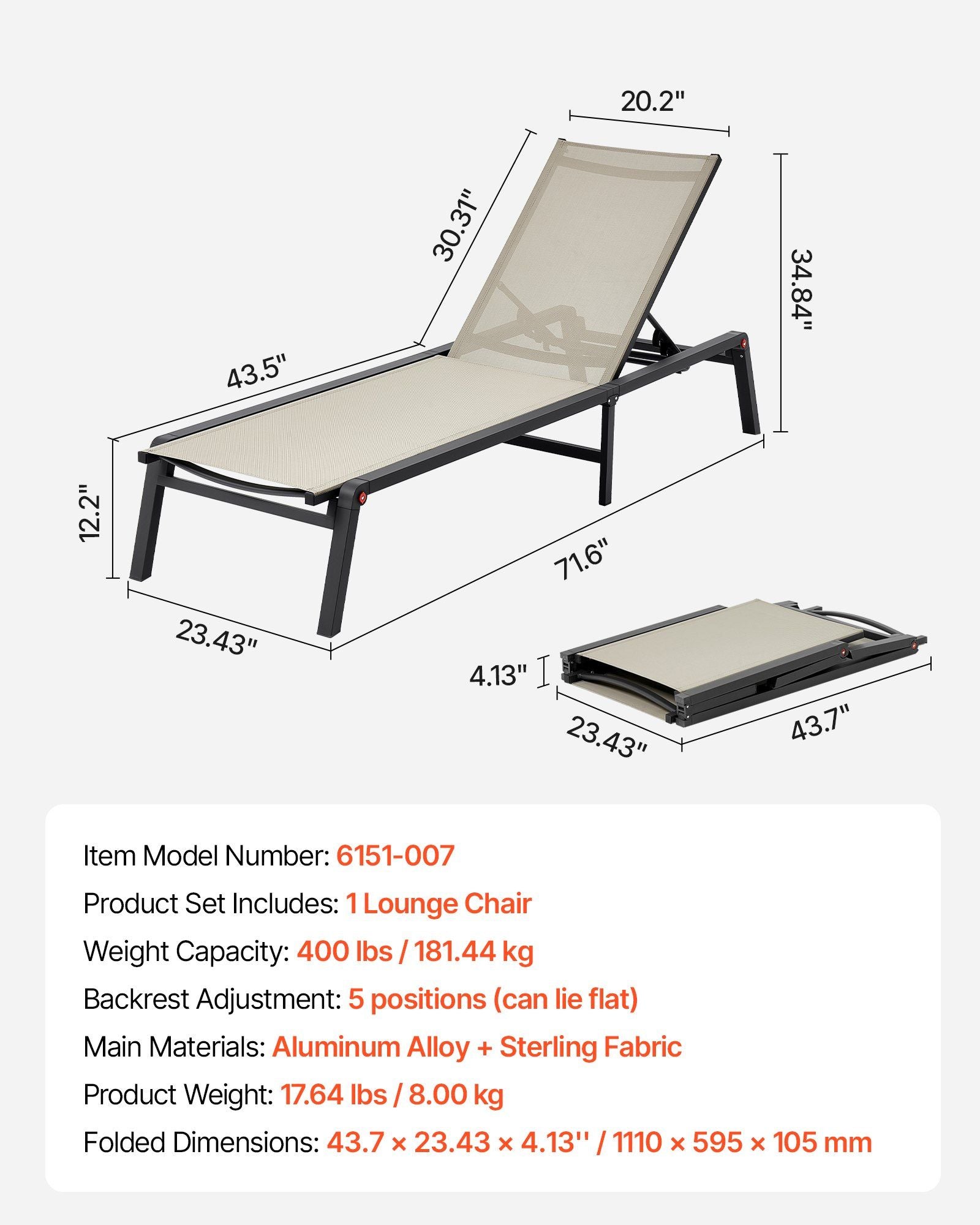 Outdoor Chaise Lounge Chair, 181 kg Weight Capacity, Foldable Sun Tanning Chair, 5 Adjustable Positions, Easy Assembly, Heavy Duty Aluminum Pool Recliner Lounge Chairs, for Beach Yard Patio