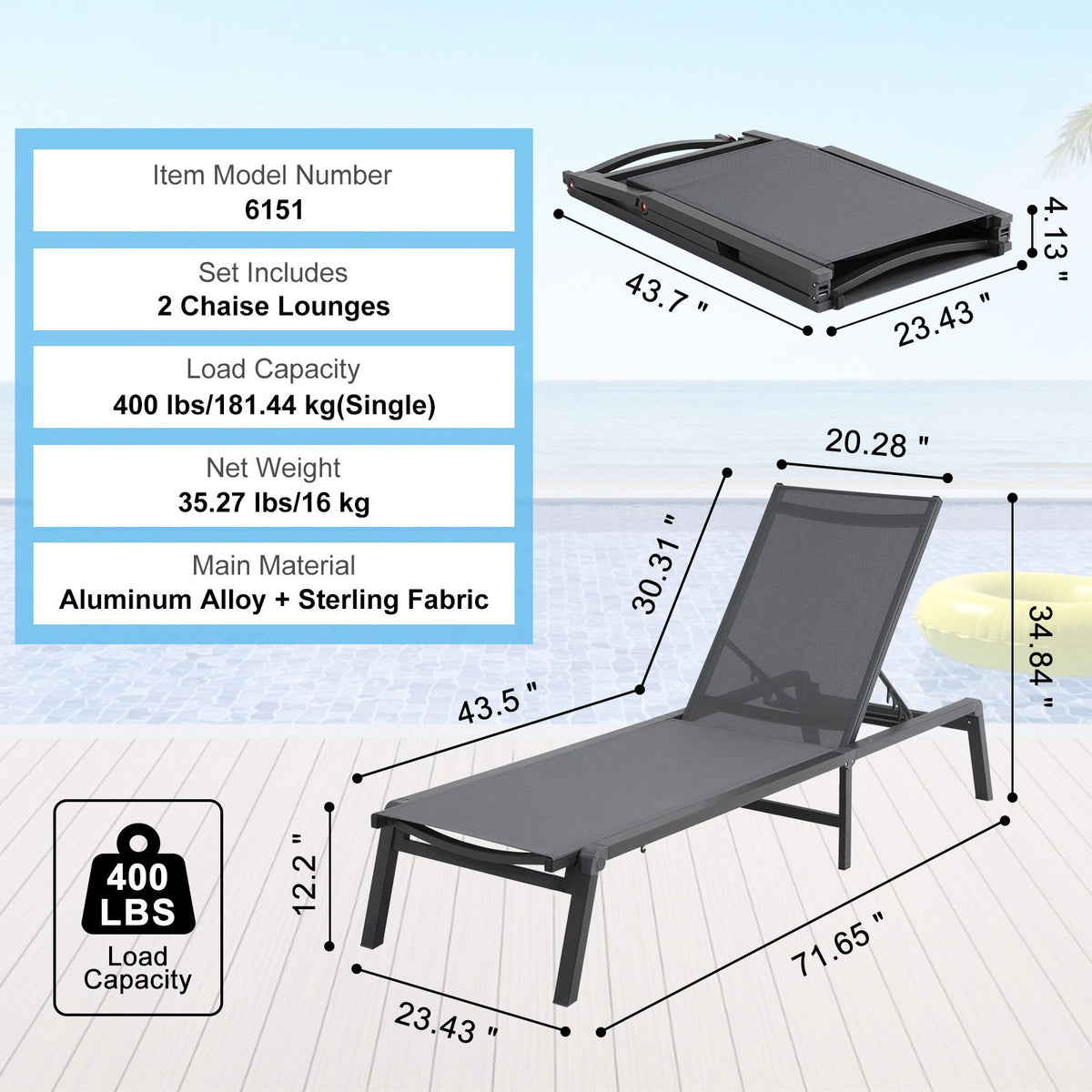 2pc Outdoor Aluminium Chaise Lounge Chair 5-Position Adjustable Patio Set