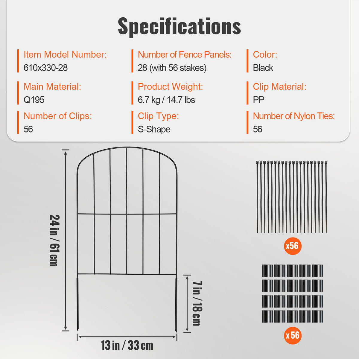 Garden Fence, No Dig Fence 61 x 33 cm Animal Barrier Fence, Underground Decorative Garden Fencing with 5.08 cm Spike Spacing, Metal Dog Fence for the Yard and Outdoor Patio, 28 Pack