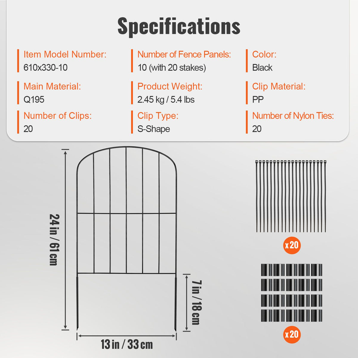Garden Fence, No Dig Fence 61 x 33 cm Animal Barrier Fence, Underground Decorative Garden Fencing with 5.08 cm Spike Spacing, Metal Dog Fence for the Yard and Outdoor Patio, 10 Pack