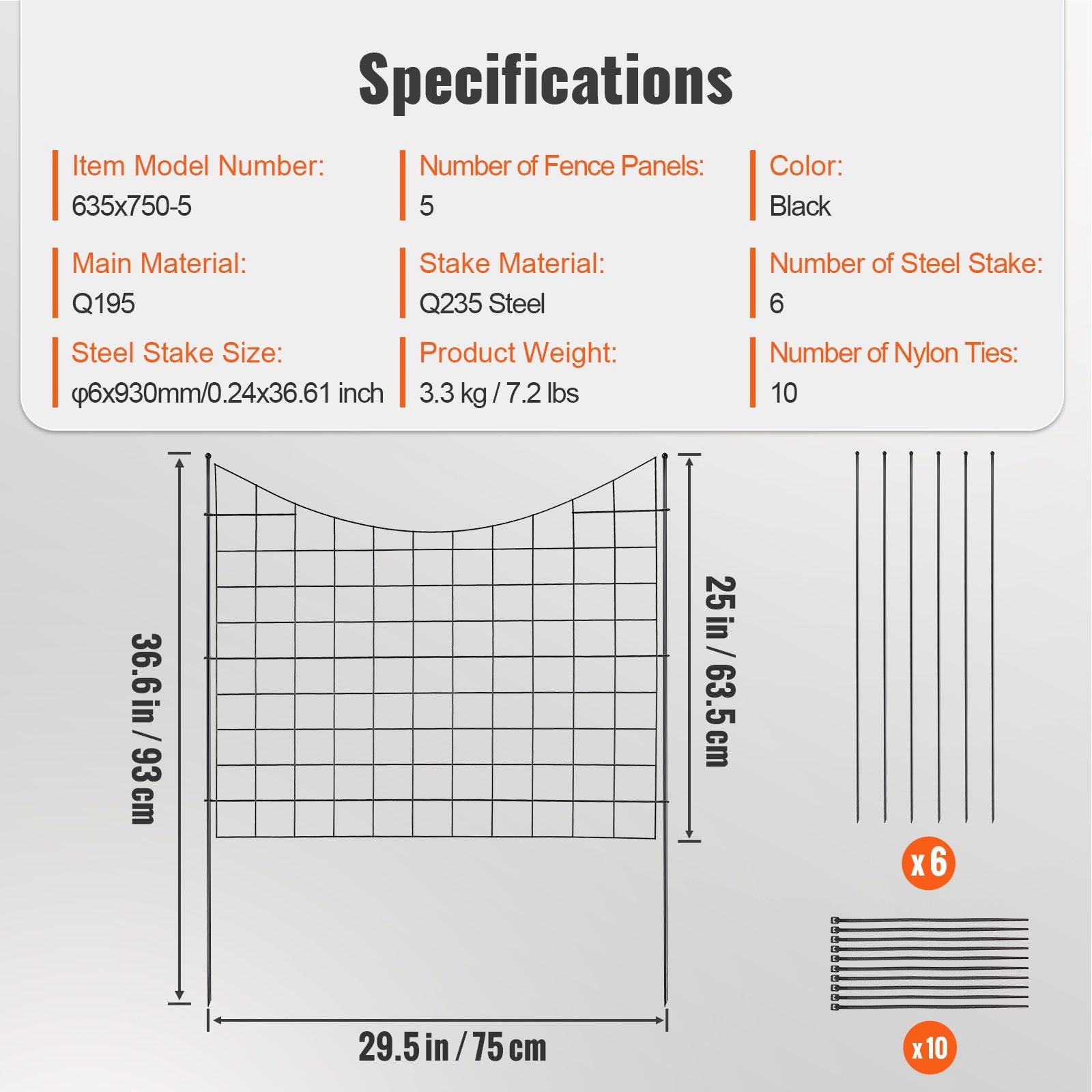 Garden Fence, 75×93 cm Animal Barrier Fence, Underground Decorative Garden Fencing with 6.38 cm Spike Spacing, Metal Dog Fence for the Yard and Outdoor Patio, 5 Pack