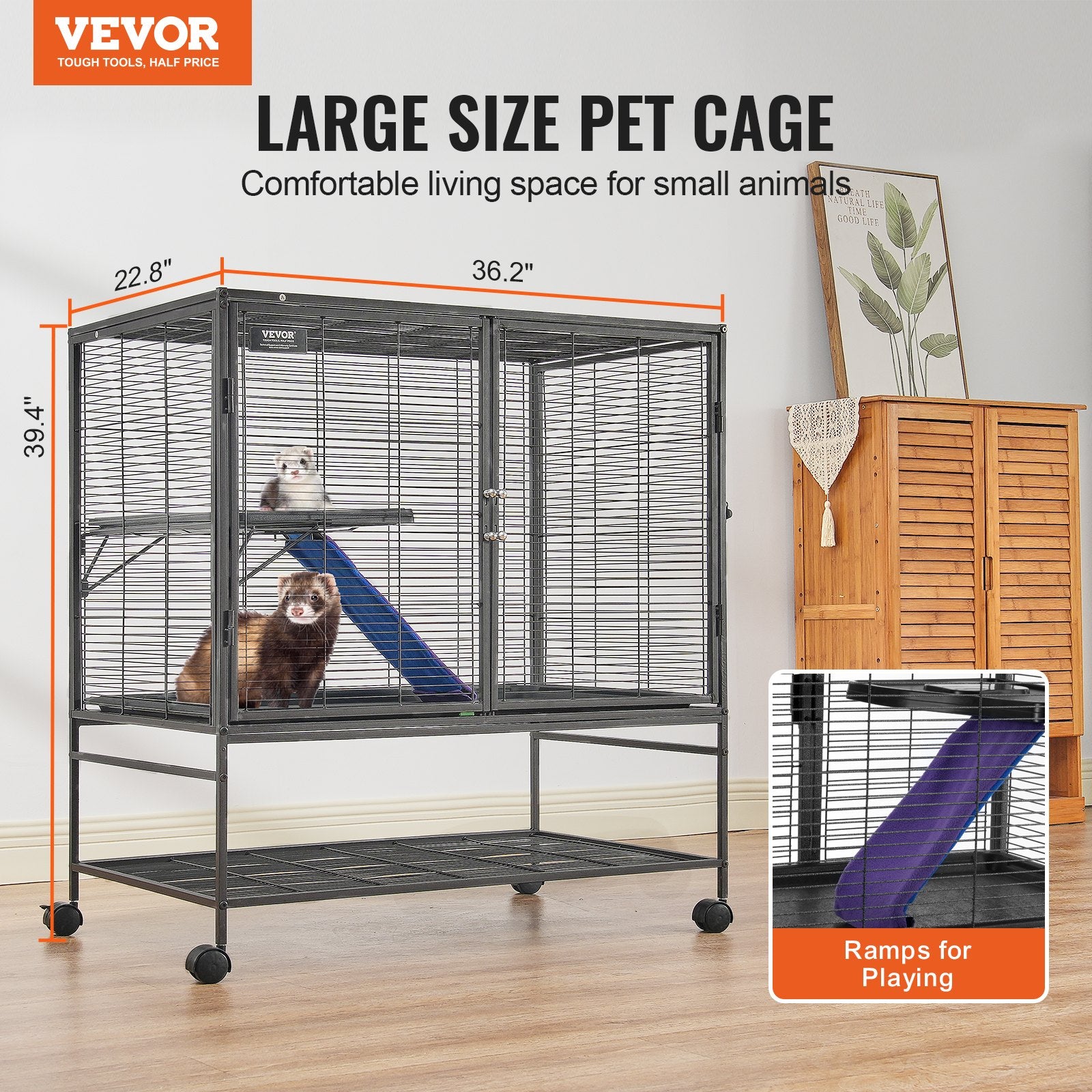 39" Metal Small Animal Cage 2-Tier Rolling Ferret Cage with Tray A Ramp