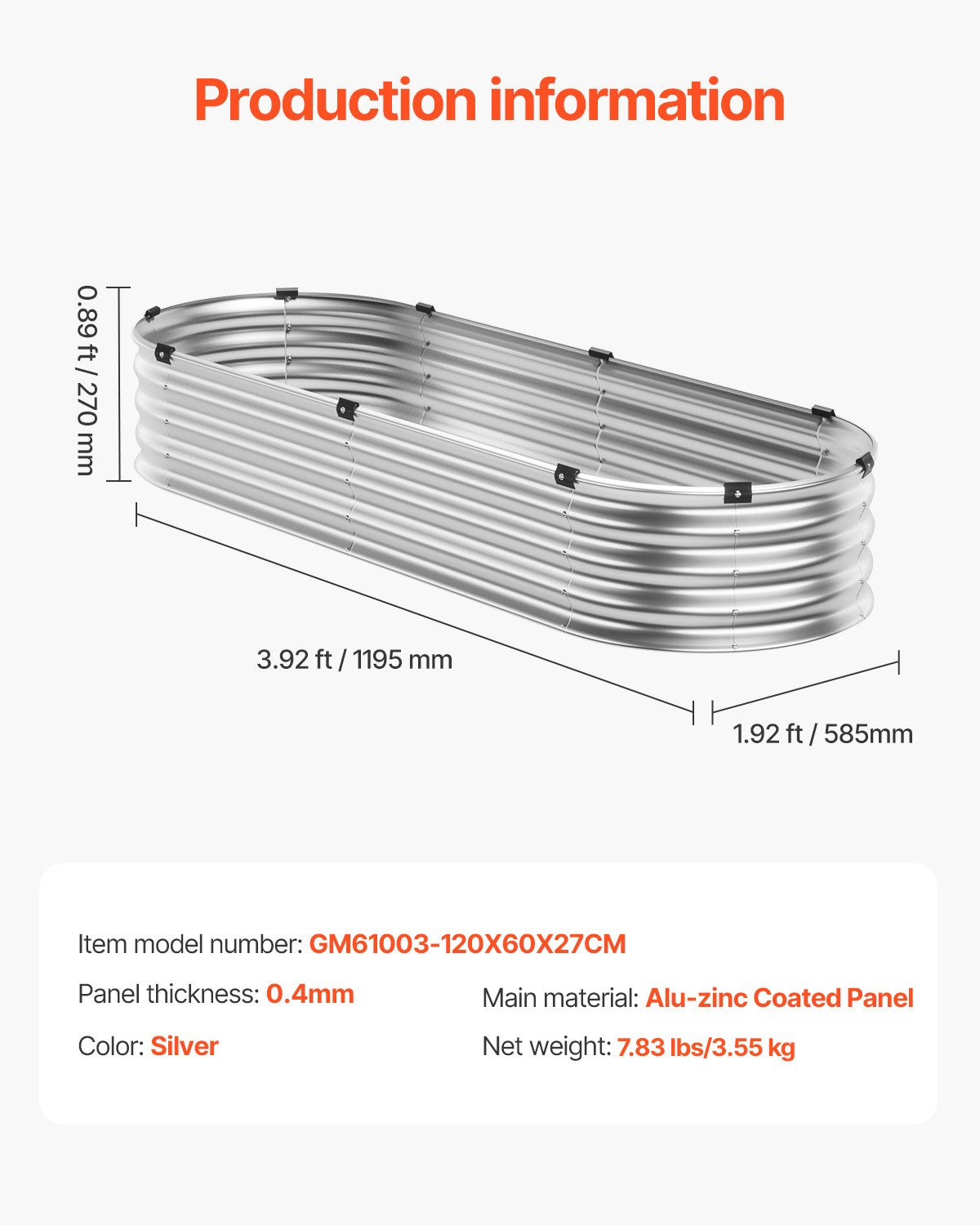 Metal Raised Garden Bed 4x2x1 ft Outdoor Galvanized Planter Box Silver