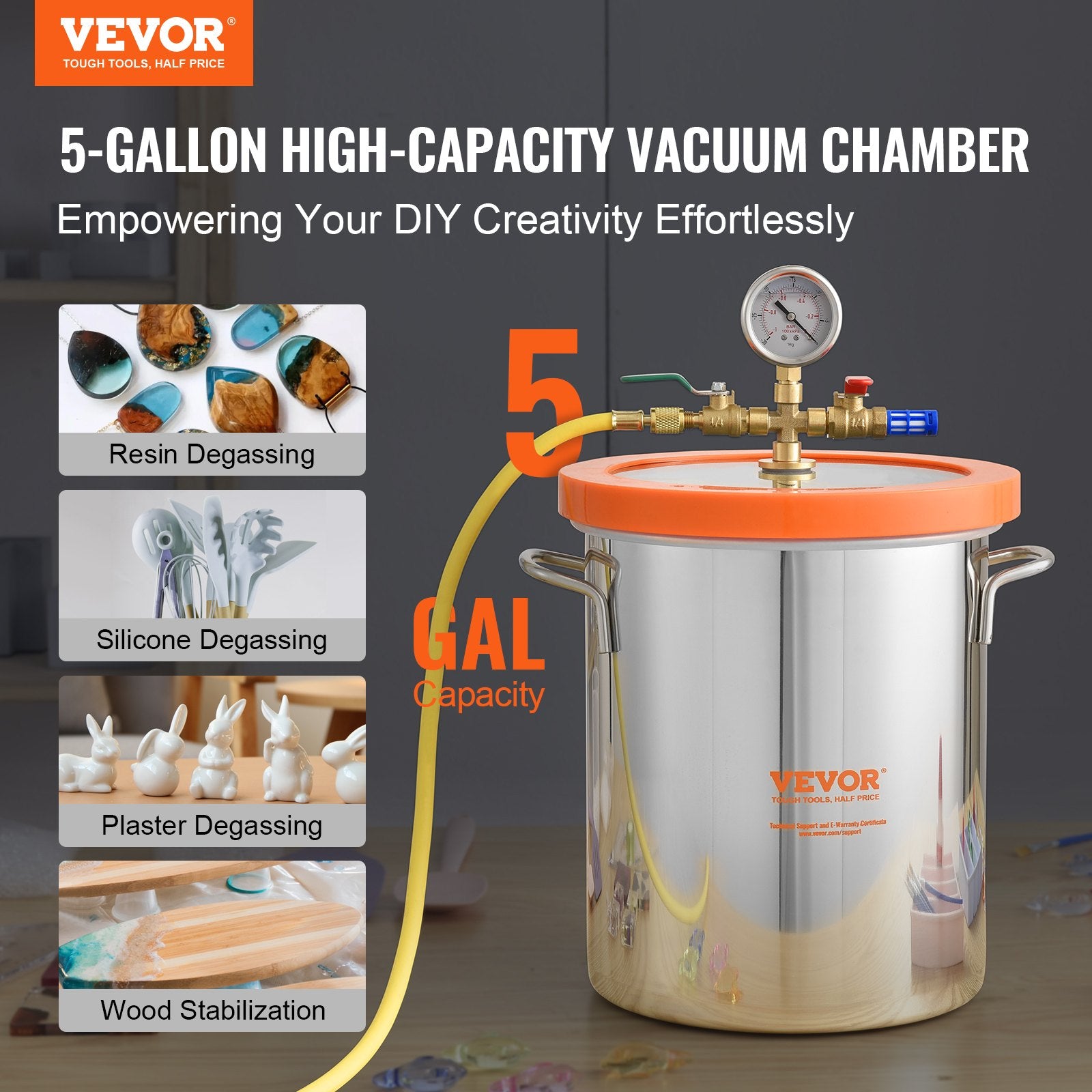 5 Gallon Vacuum Chamber, Upgraded Tempered Glass Lid Vacuum Degassing Chamber, 304 Stainless Steel Chamber, for Stabilizing Wood, Resin Degassing, Silicone Degassing and Plaster Degassing