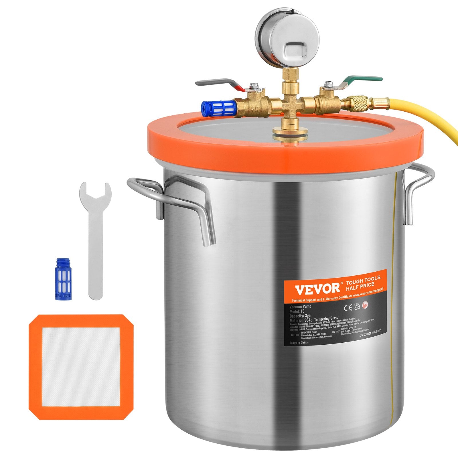 5 Gallon Vacuum Chamber, Upgraded Tempered Glass Lid Vacuum Degassing Chamber, 304 Stainless Steel Chamber, for Stabilizing Wood, Resin Degassing, Silicone Degassing and Plaster Degassing