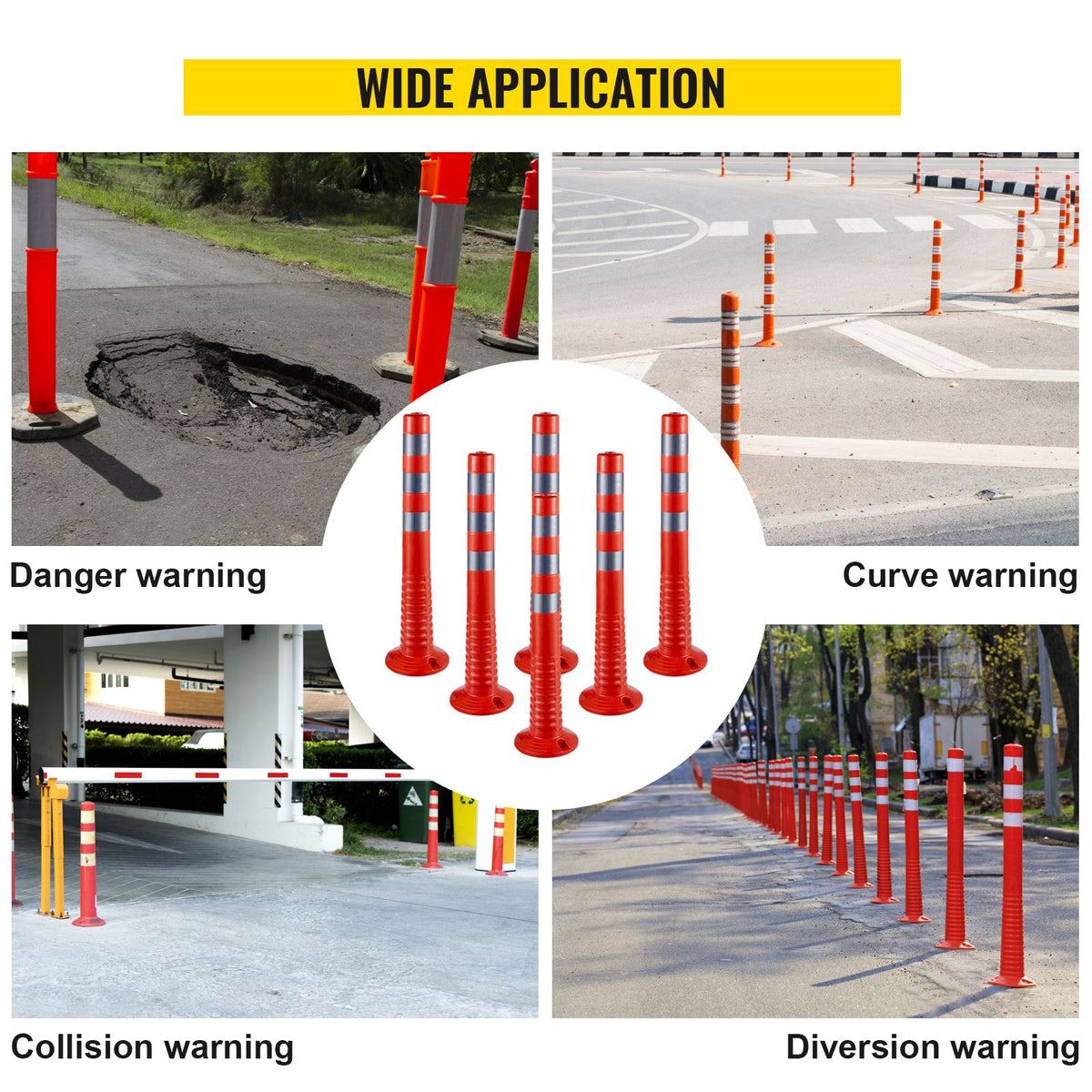 6-Pack Flexible Traffic Delineator Posts, 30in Reflective Spring Cones