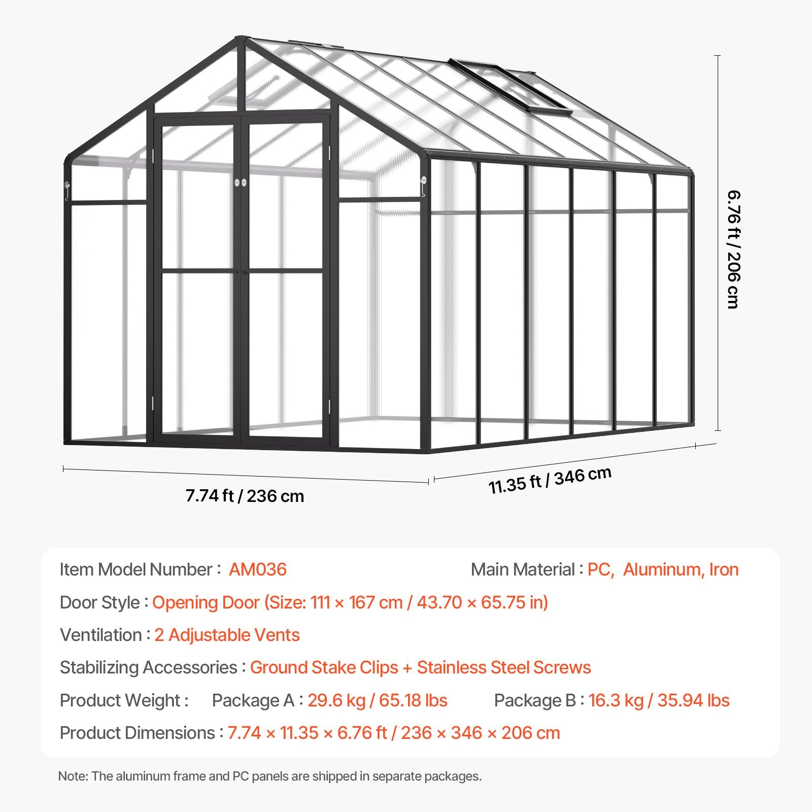 Polycarbonate Greenhouse 8 x 12 Ft Outdoor Walk-in Greenhouse for Garden