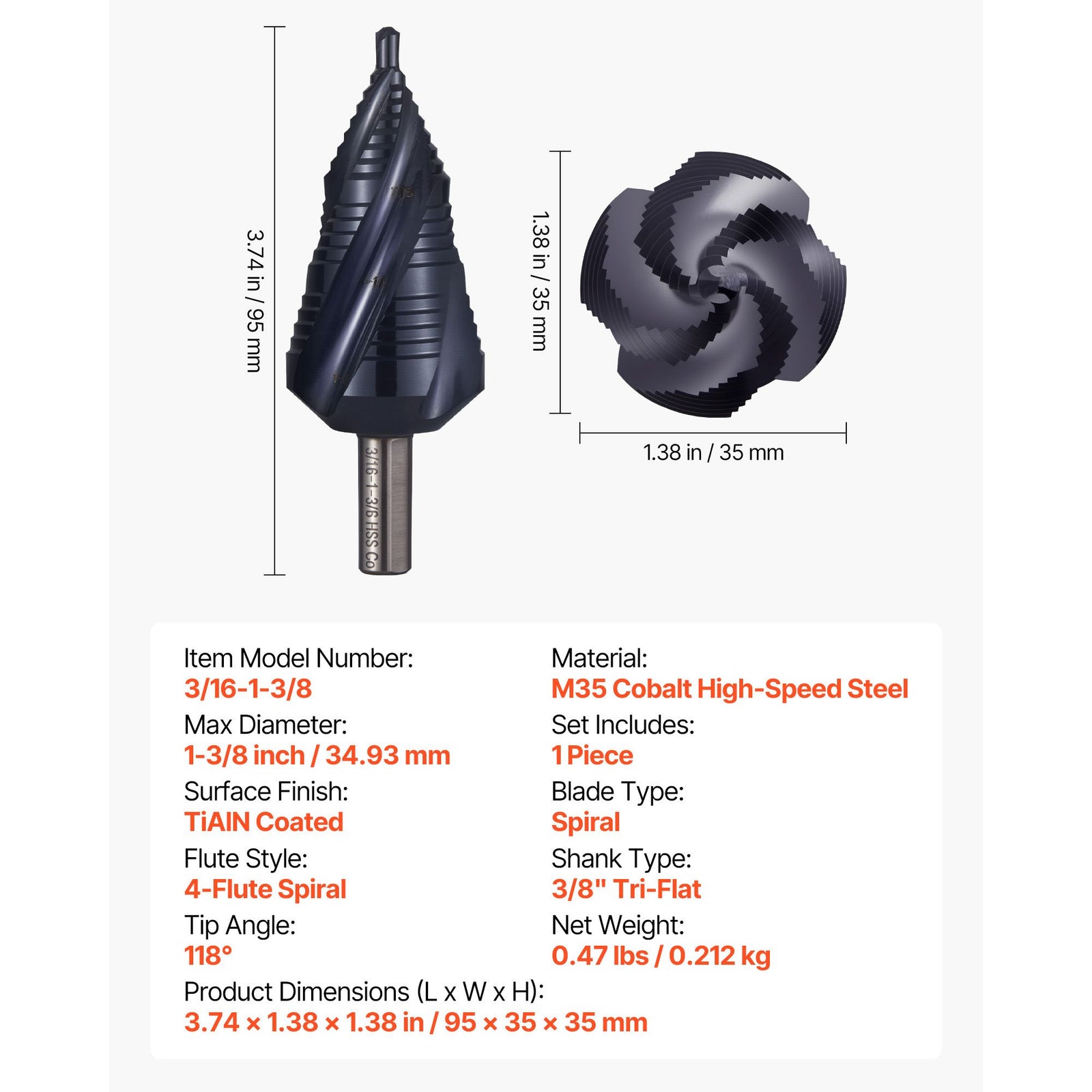 Step Drill Bit 4.76-34.93mm Cobalt HSS TiAlN Coated Metal Drill Bit