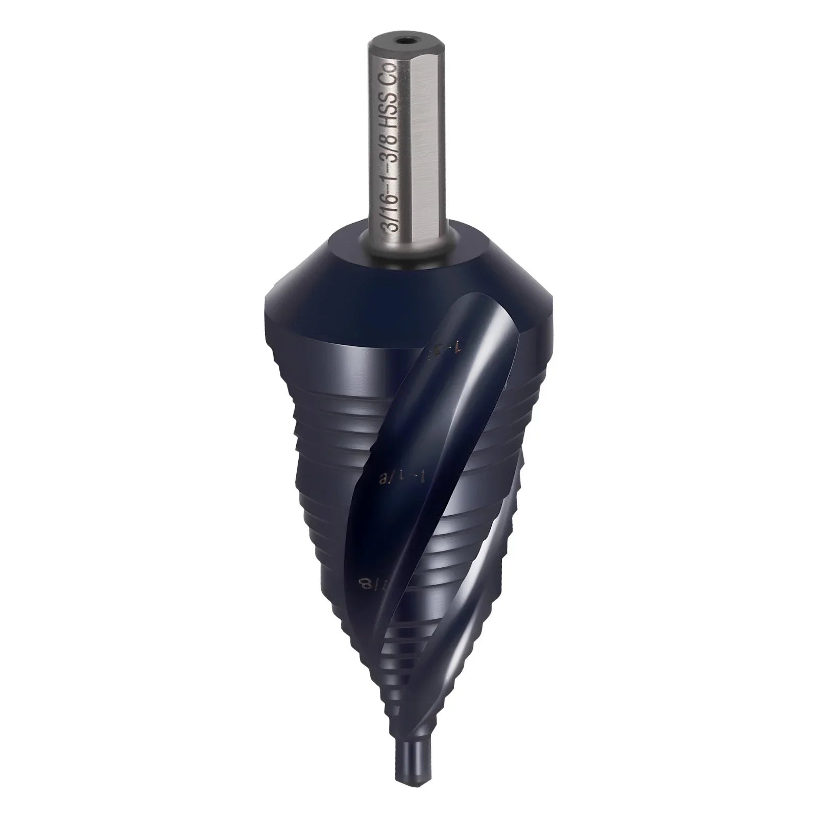 Step Drill Bit, 4.76 to 34.93 mm, 9.53 mm Triangular Shank, TiAlN Coating Cobalt High Speed Steel, Four Spiral Flute Step Bit for Metal, Stainless Steel, Aluminum, Wood, Plastic, Fiberglass