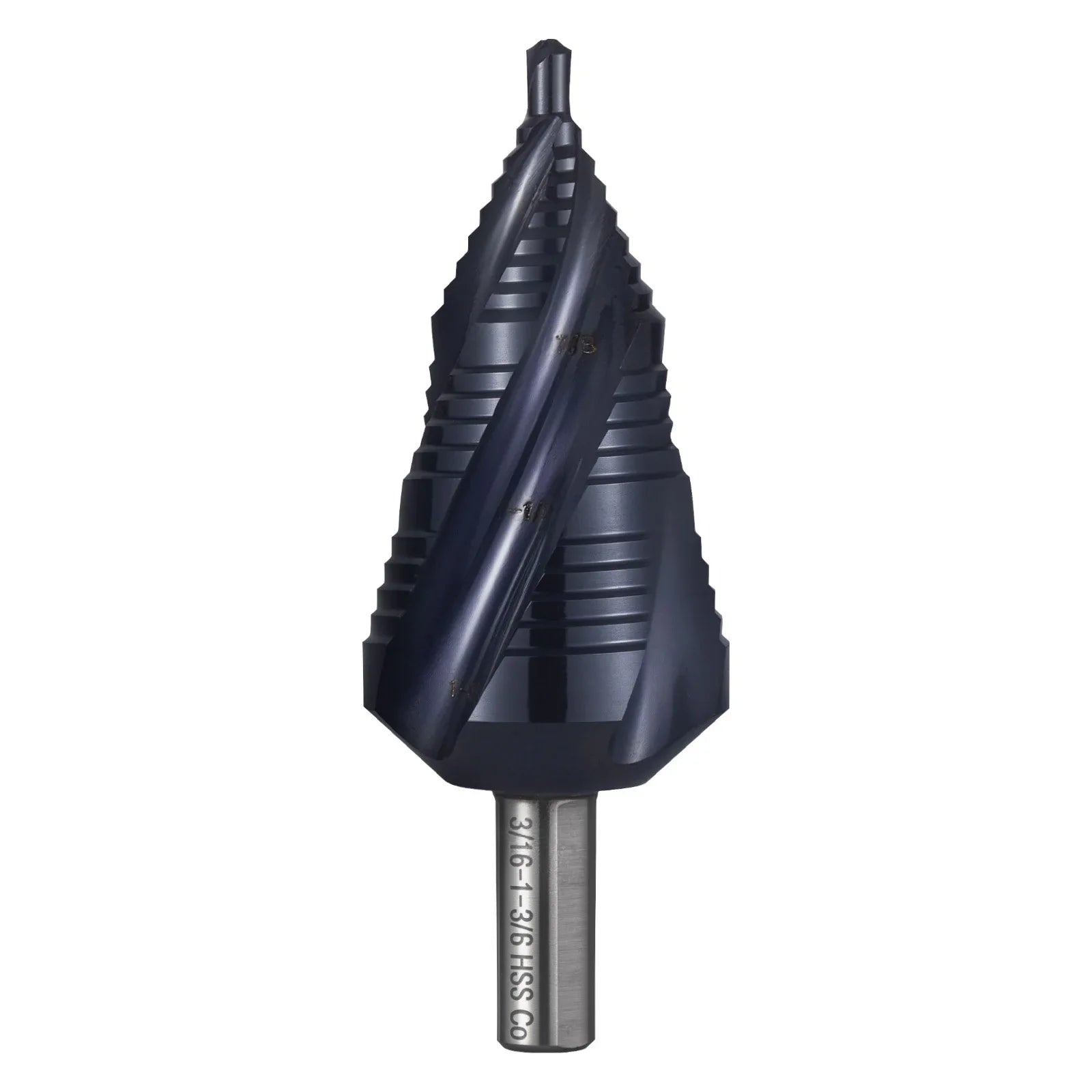Step Drill Bit, 4.76 to 34.93 mm, 9.53 mm Triangular Shank, TiAlN Coating Cobalt High Speed Steel, Four Spiral Flute Step Bit for Metal, Stainless Steel, Aluminum, Wood, Plastic, Fiberglass