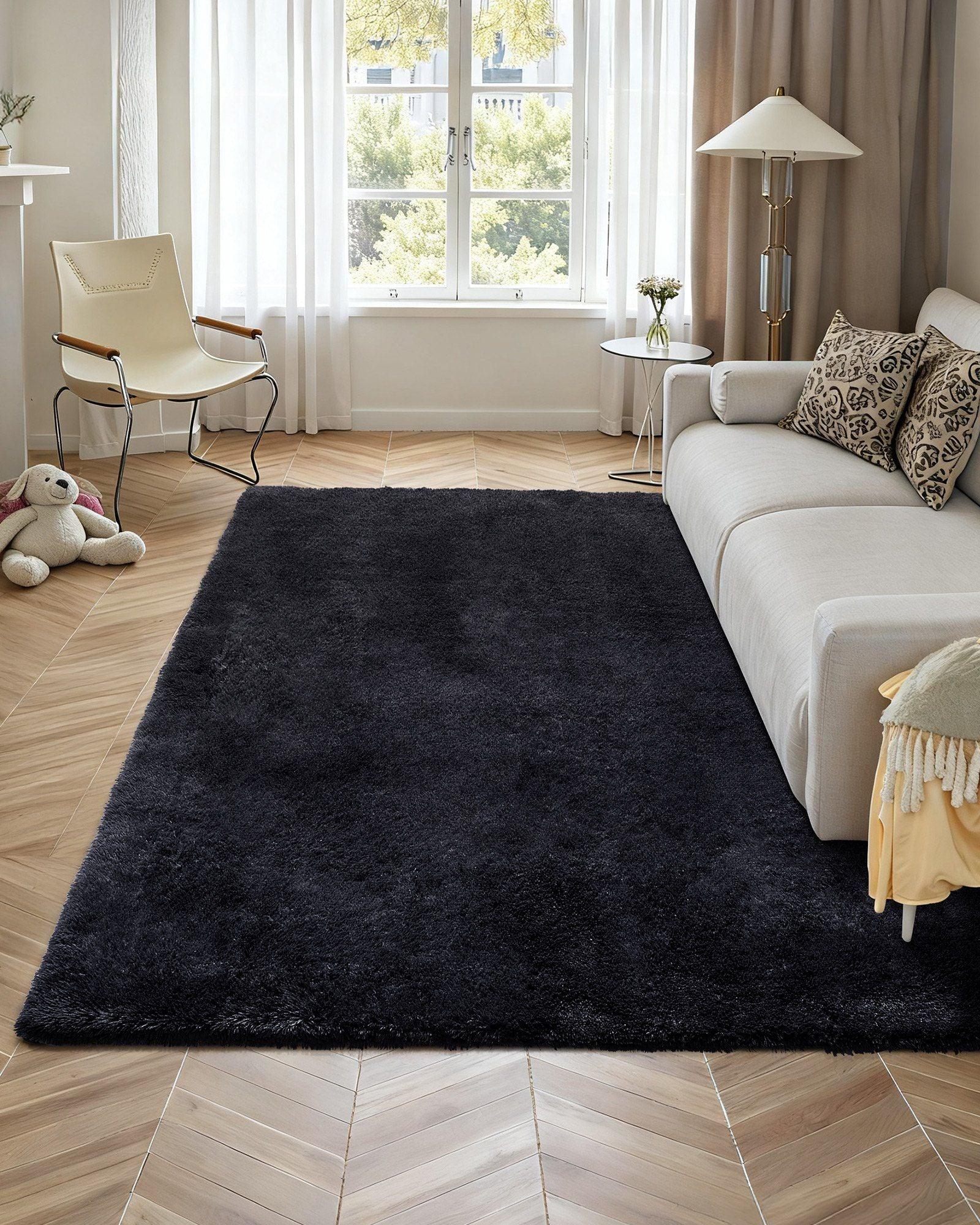 Indoor Plush Area Rugs, 2.44 x 3.05m Soft Plush Carpet, Furry Shag Area Rugs for Living Room, Bedroom, Sunroom, Modern Home Decor Aesthetic, Non-Shedding, Non-Woven, Slip-Resistant, Black