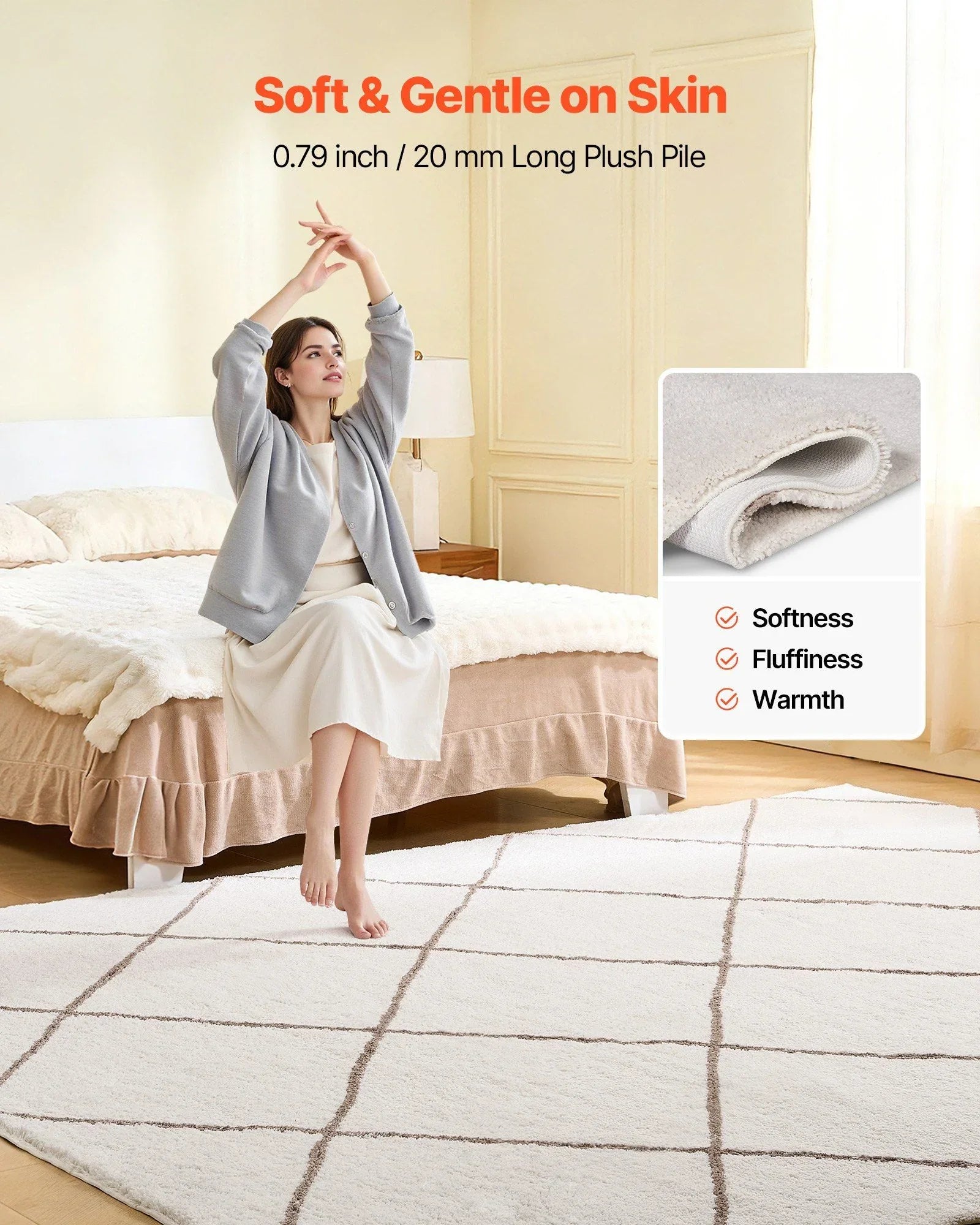 Indoor Plush Area Rugs, 2.44 x 3.05m Plush Carpet, Area Rugs Furry with Long Plushs Pile, Thick & Durable High-Pile Rug for High-Traffic Areas, Bedroom, Non-Shedding & Non-Slip Backing, Beige