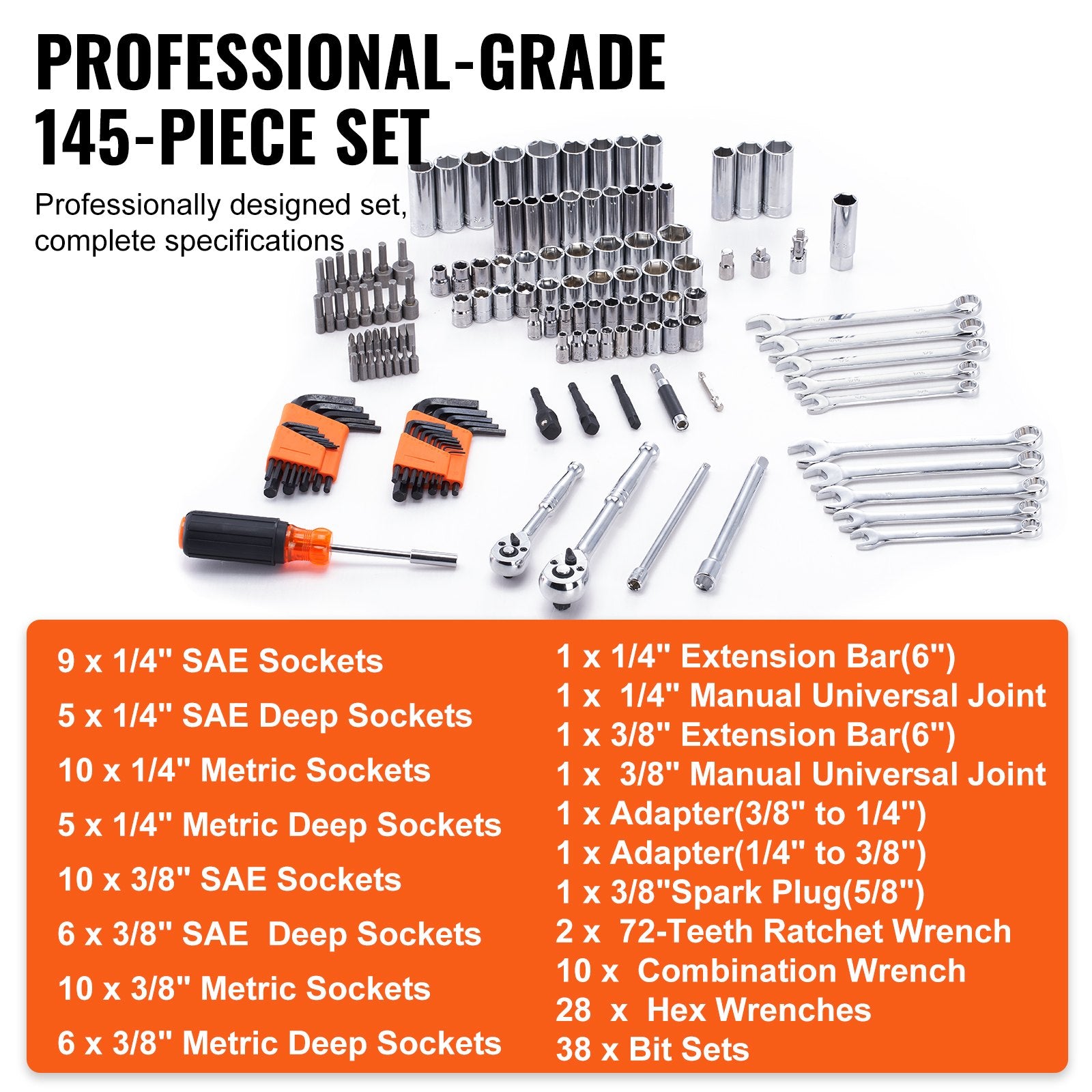 Mechanics Tool Set and Socket Set 1/4in 3/8in Drive 145 Pcs SAE and Metric