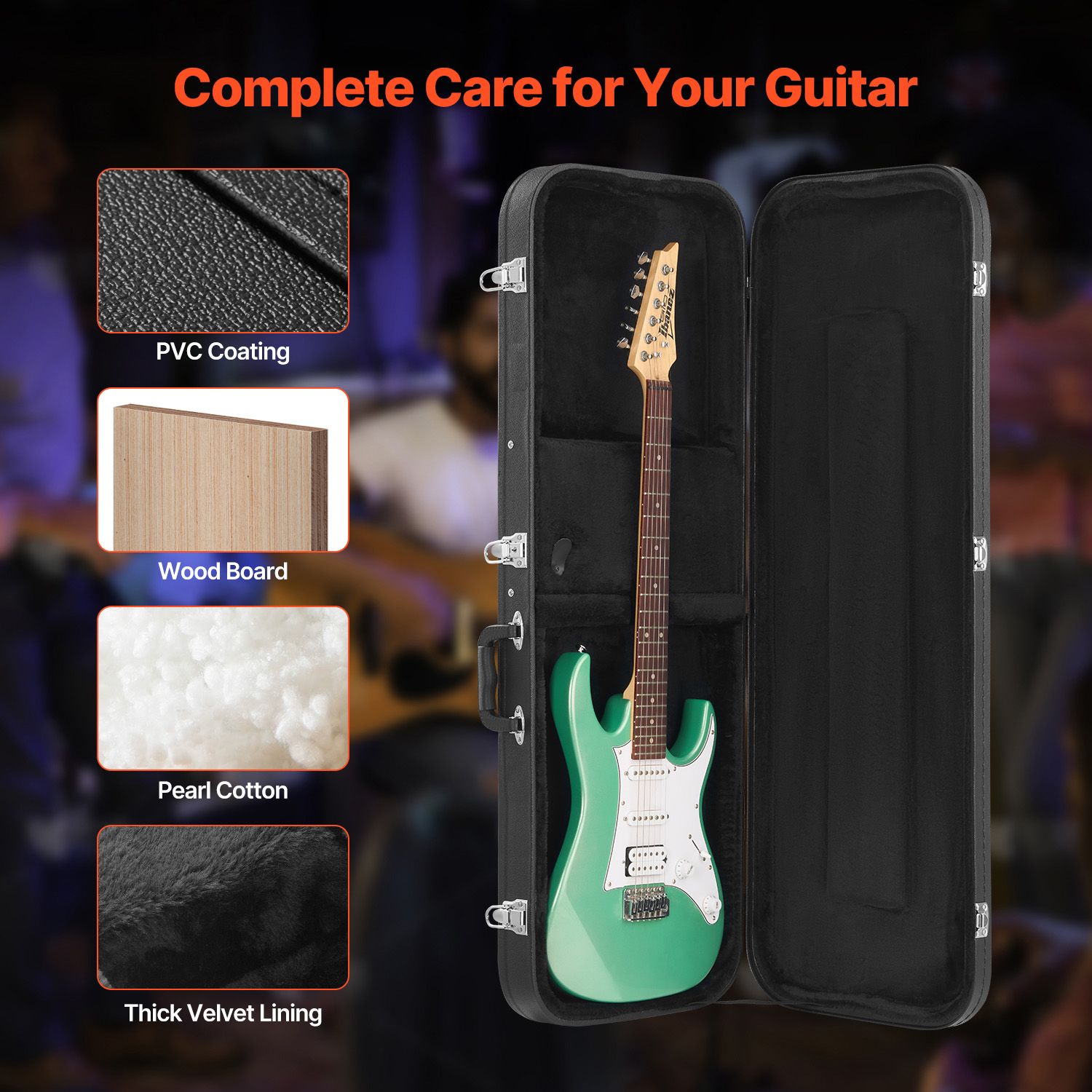 Electric Guitar Hard Case 43" Waterproof PVC Shell Lockable Black Case