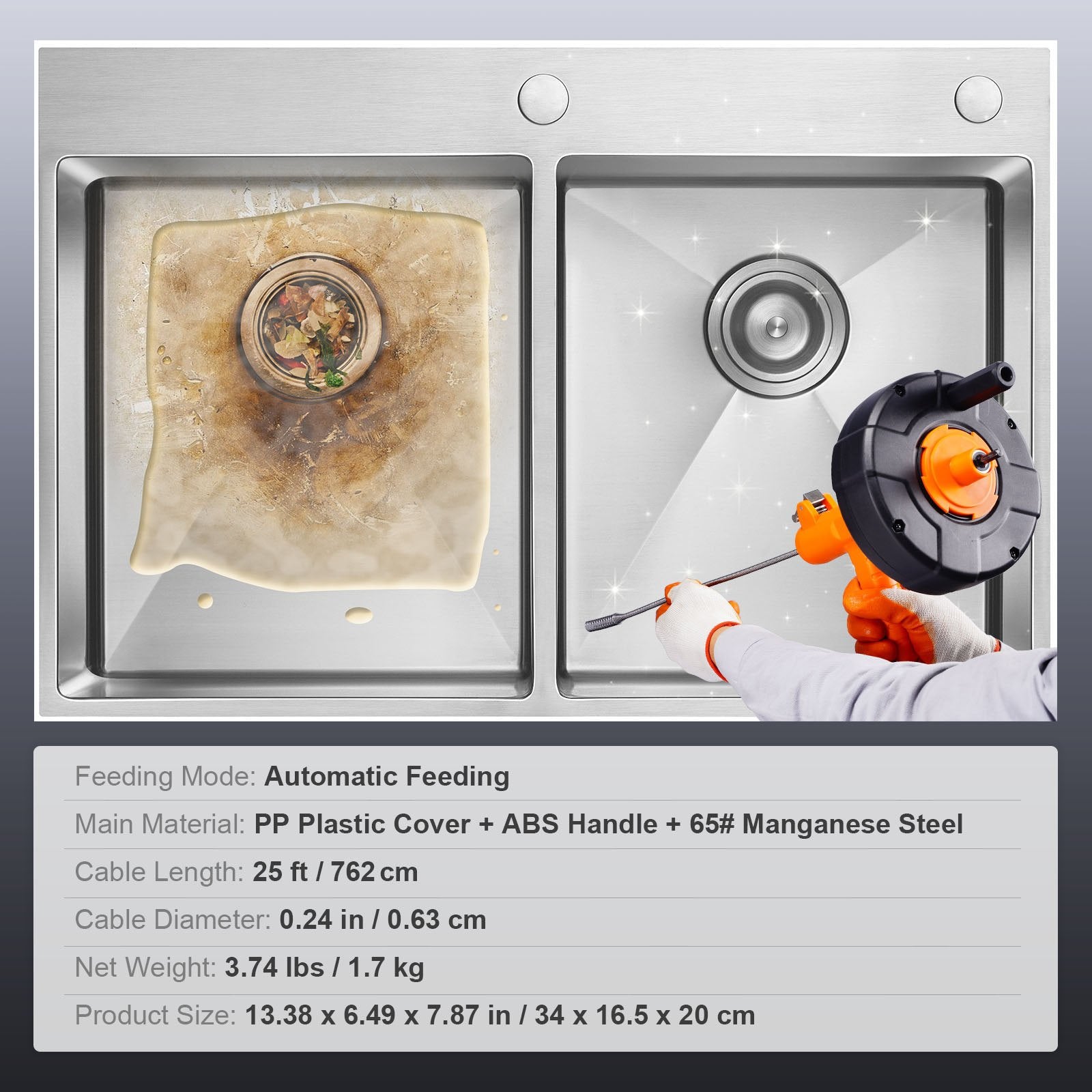 Drain Auger 25ft 1/4in Drum Plumbing Drain Snake Clog Remover Autofeed