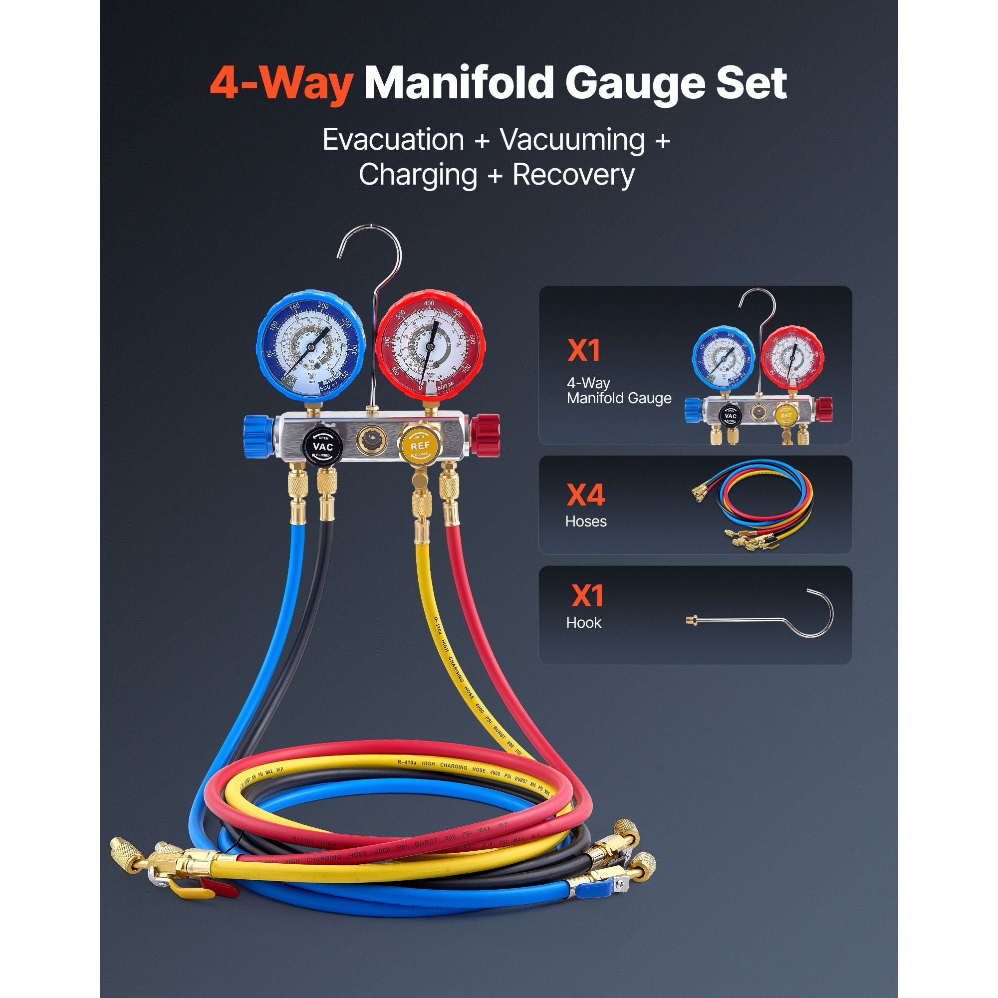 AC Manifold Gauge Set for R22 R404A R410A R12 Refrigerants, 4 Way AC Gauges with 1.5 m Hoses for Automotive & Household Air Conditioning Maintenance, Evacuation Vacuuming Charging and Recovery