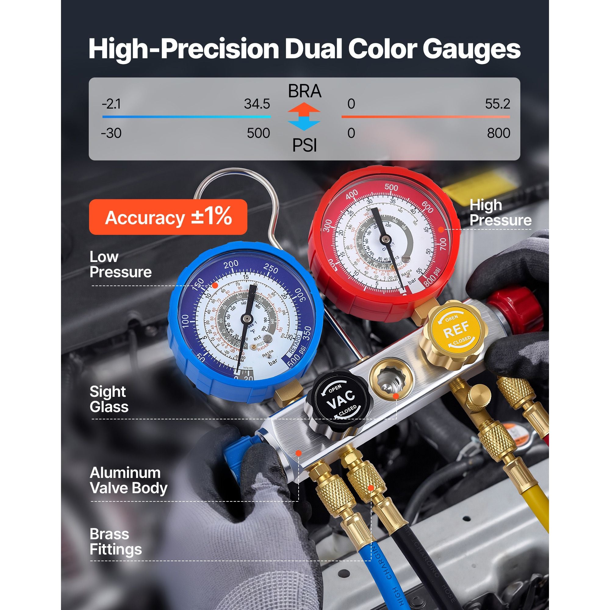 AC Manifold Gauge Set for R22 R404A R410A R12 Refrigerants, 4 Way AC Gauges with 1.5 m Hoses for Automotive & Household Air Conditioning Maintenance, Evacuation Vacuuming Charging and Recovery
