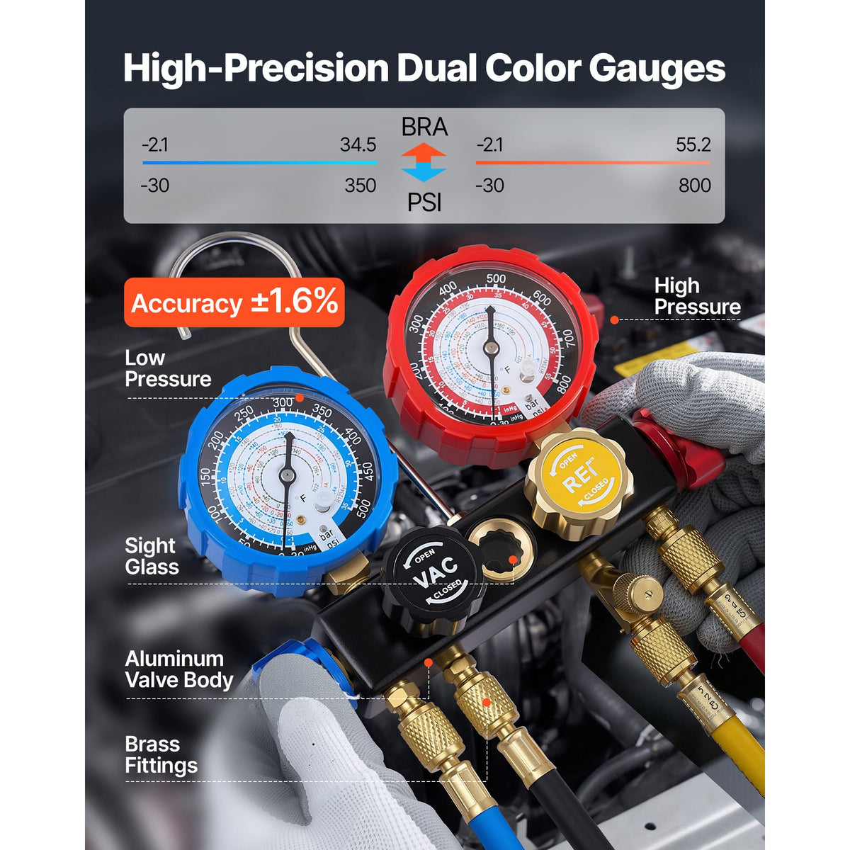 AC Manifold Gauge Set for R134a R404A R1234yf R22 Refrigerant, 4 Way AC Gauge with 1.5m Hoses, Adapters, Quick Couplers, Can Taps for Automotive Air Conditioning Maintenance, Charging Evacuation