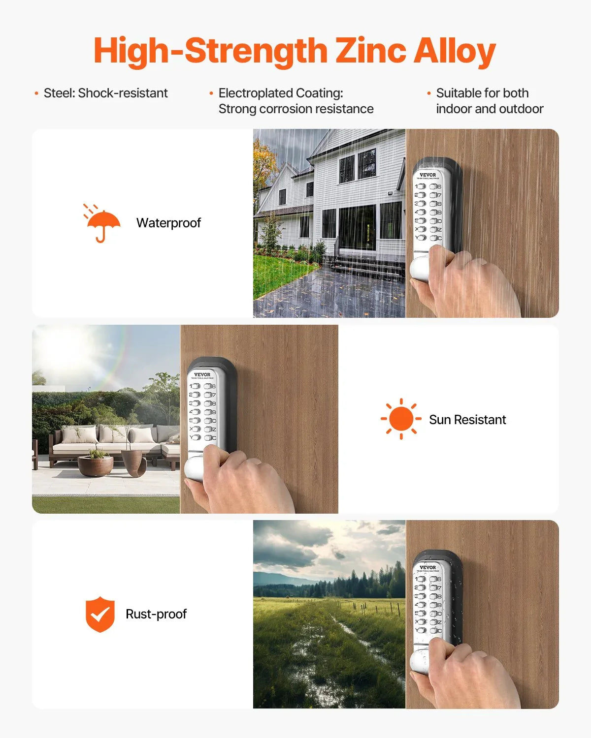 Mechanical Keyless Entry Door Lock, 14 Key Mechanical Door Lock, Mechanical Keypad Door Lock with Adjustable Thumb Knob, Single-Side Zinc Alloy Waterproof Keyless Gate Lock, for Home Office