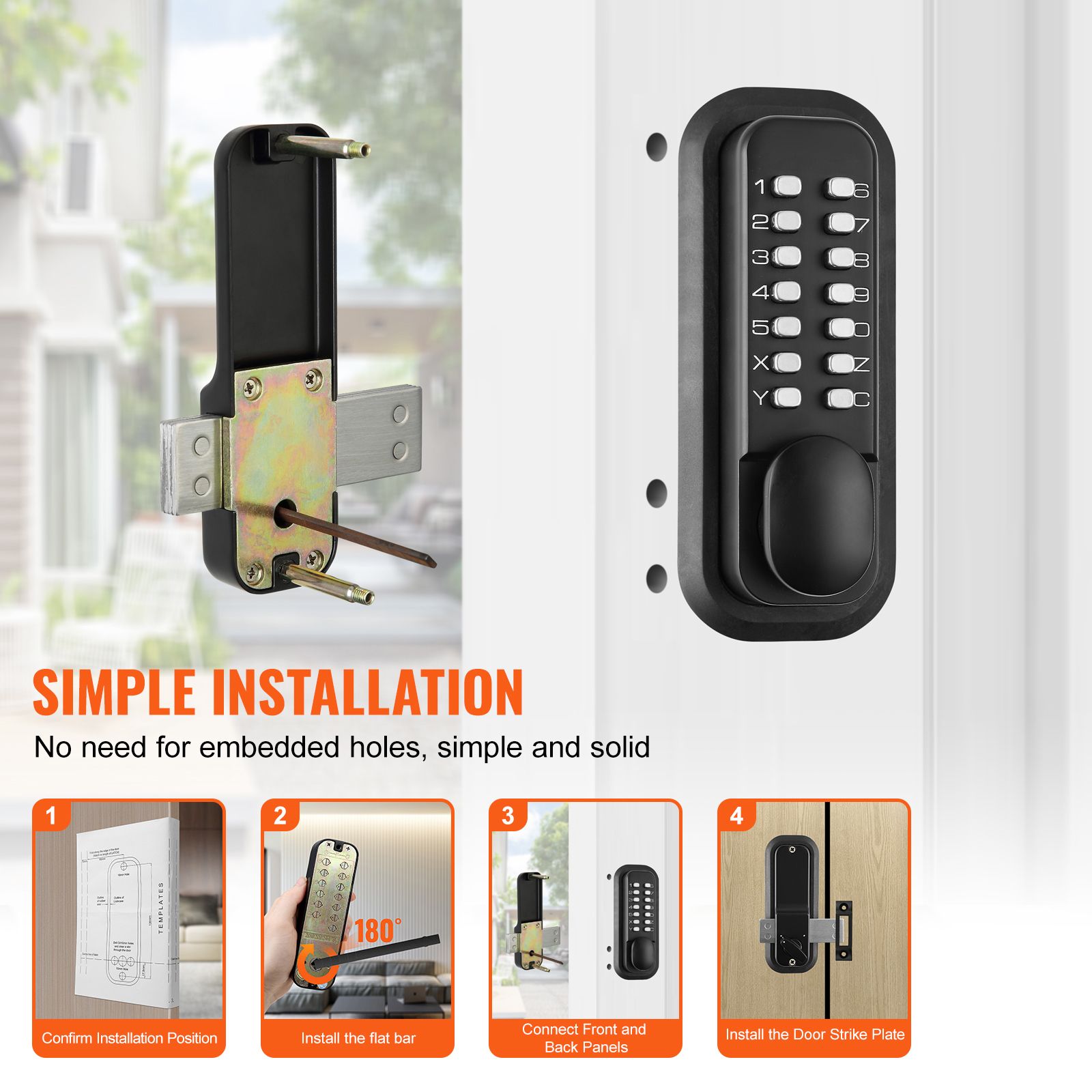 Mechanical Keyless Entry Door Lock, 14 Digit Keypad, Water-proof Zinc Alloy, Outdoor Gate Door Locks Set with Surface-mounted Latch, Keypad and Knob, Easy to Install, for Garden, Garage, Yard