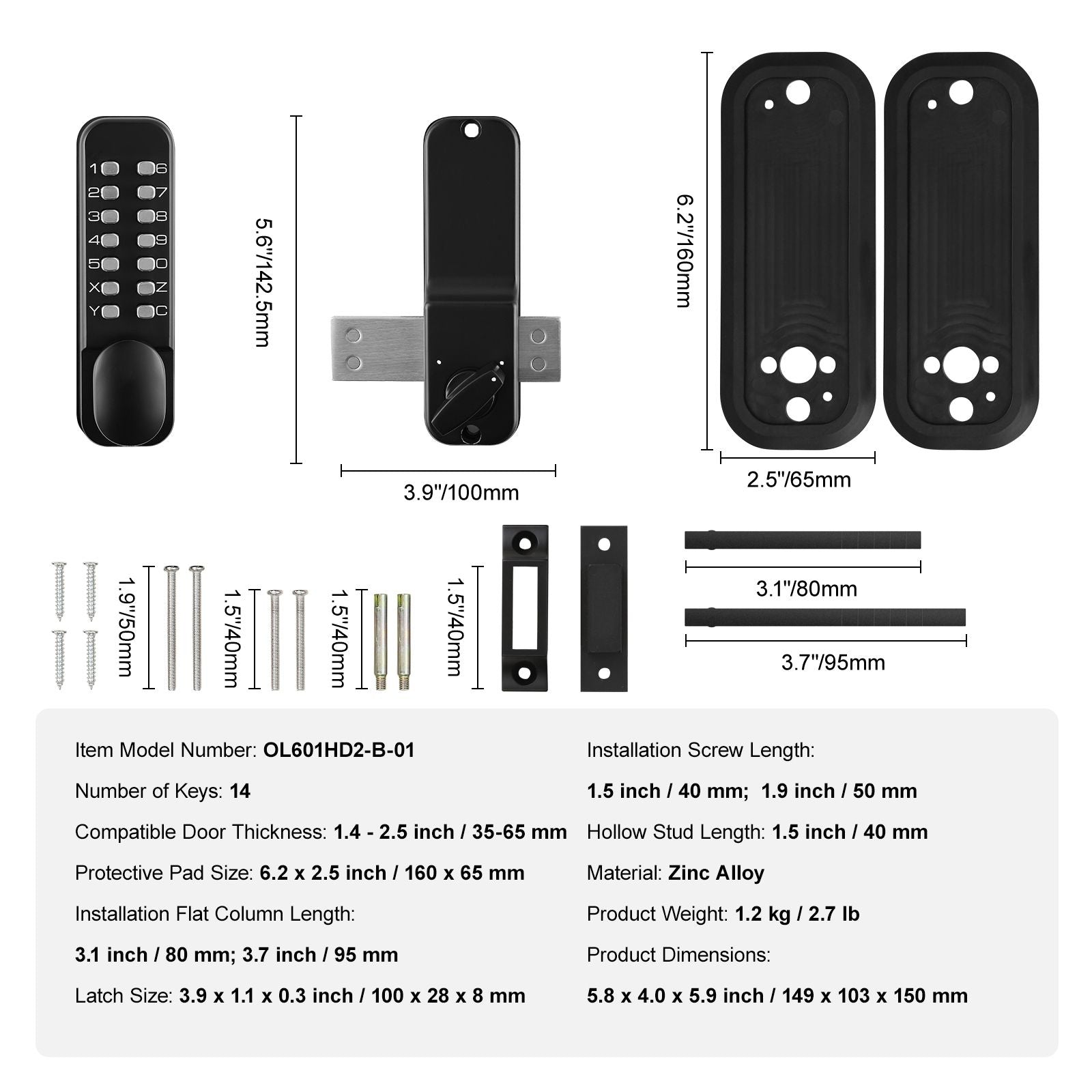 Mechanical Keyless Entry Door Lock, 14 Digit Keypad, Water-proof Zinc Alloy, Outdoor Gate Door Locks Set with Surface-mounted Latch, Keypad and Knob, Easy to Install, for Garden, Garage, Yard