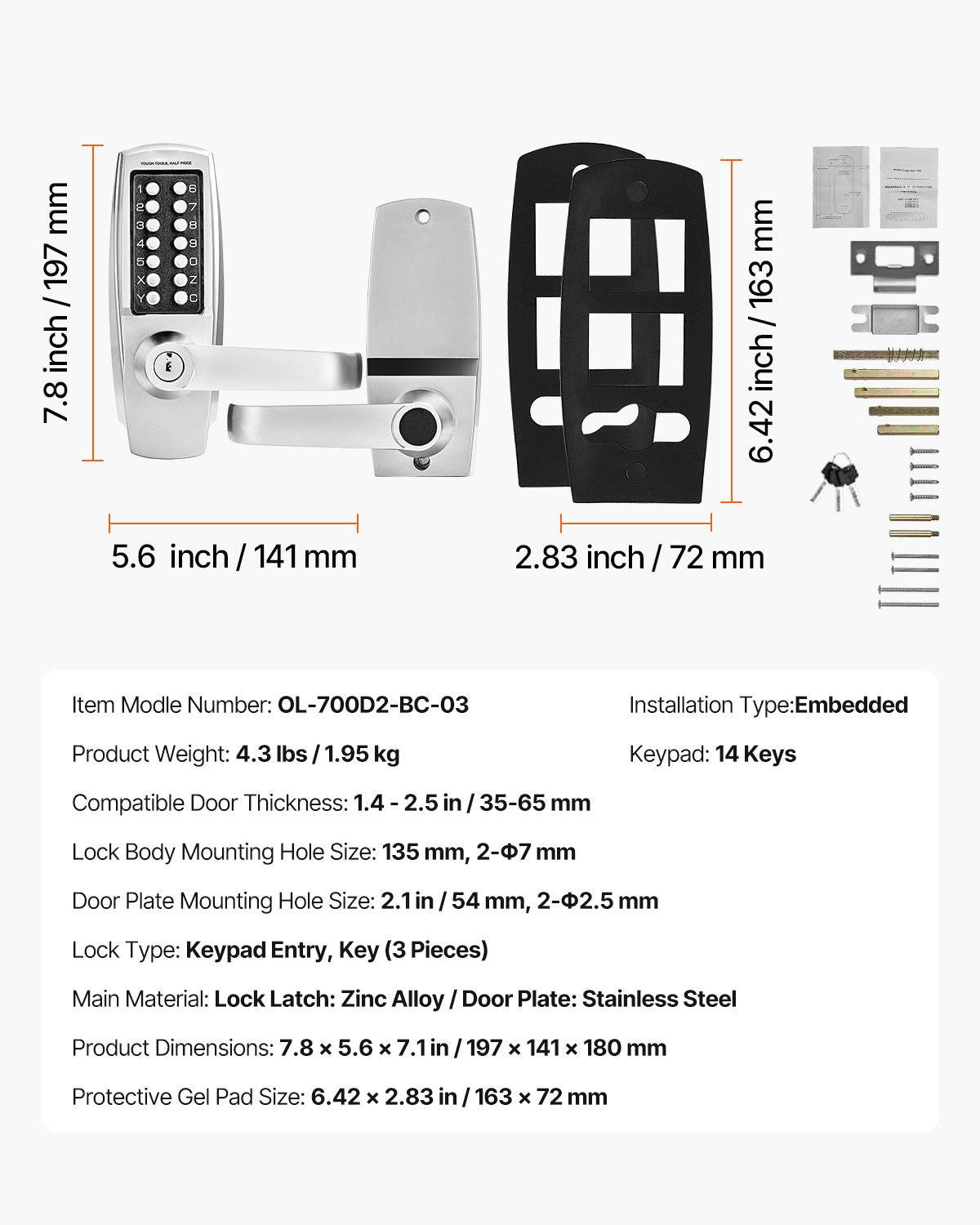 Mechanical Keyless Door Lock with Handle 14 Digit Combination Keypad