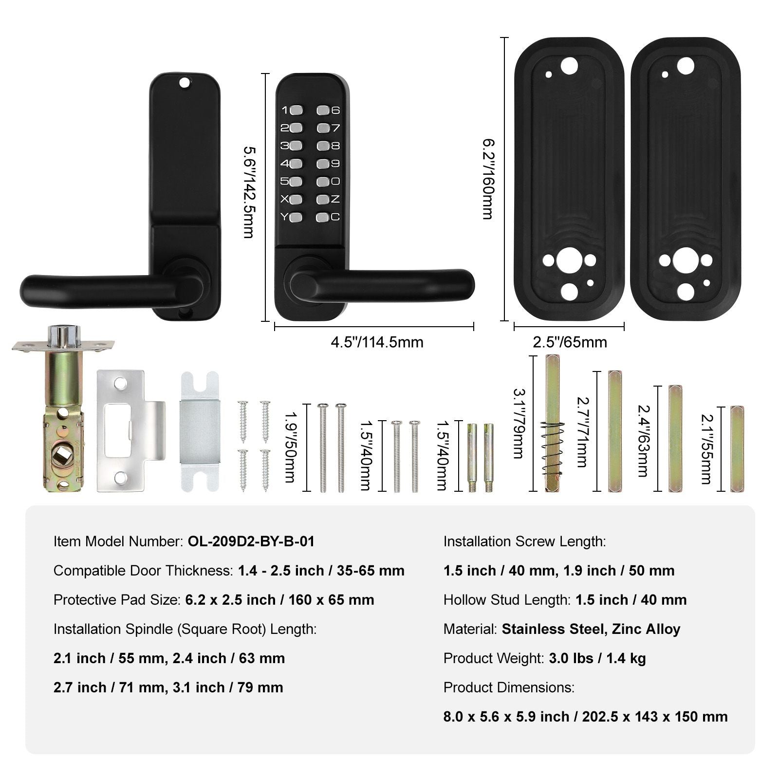 Mechanical Keyless Entry Door Lock 14 Digit Keypad and Handle Embedded