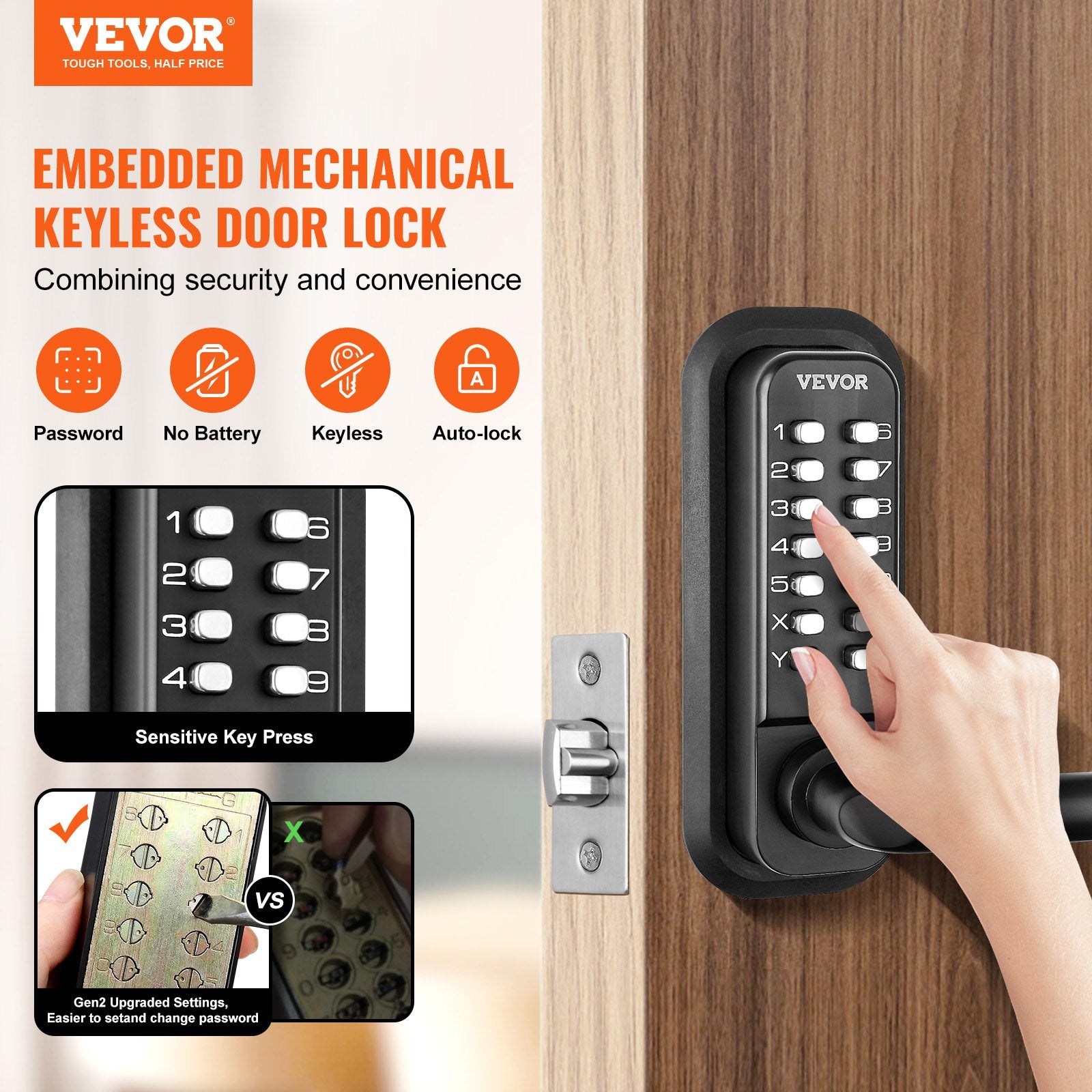 Mechanical Keyless Entry Door Lock 14 Digit Keypad and Handle Embedded