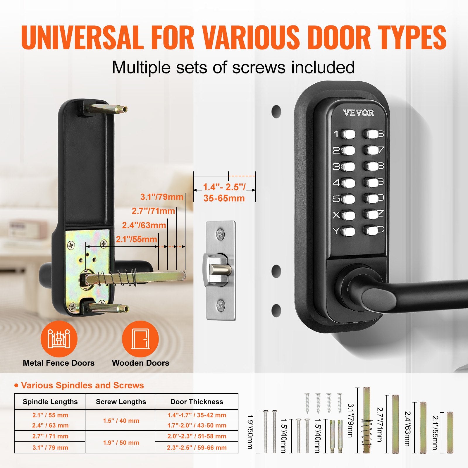 Mechanical Keyless Entry Door Lock 14 Digit Keypad and Handle Embedded
