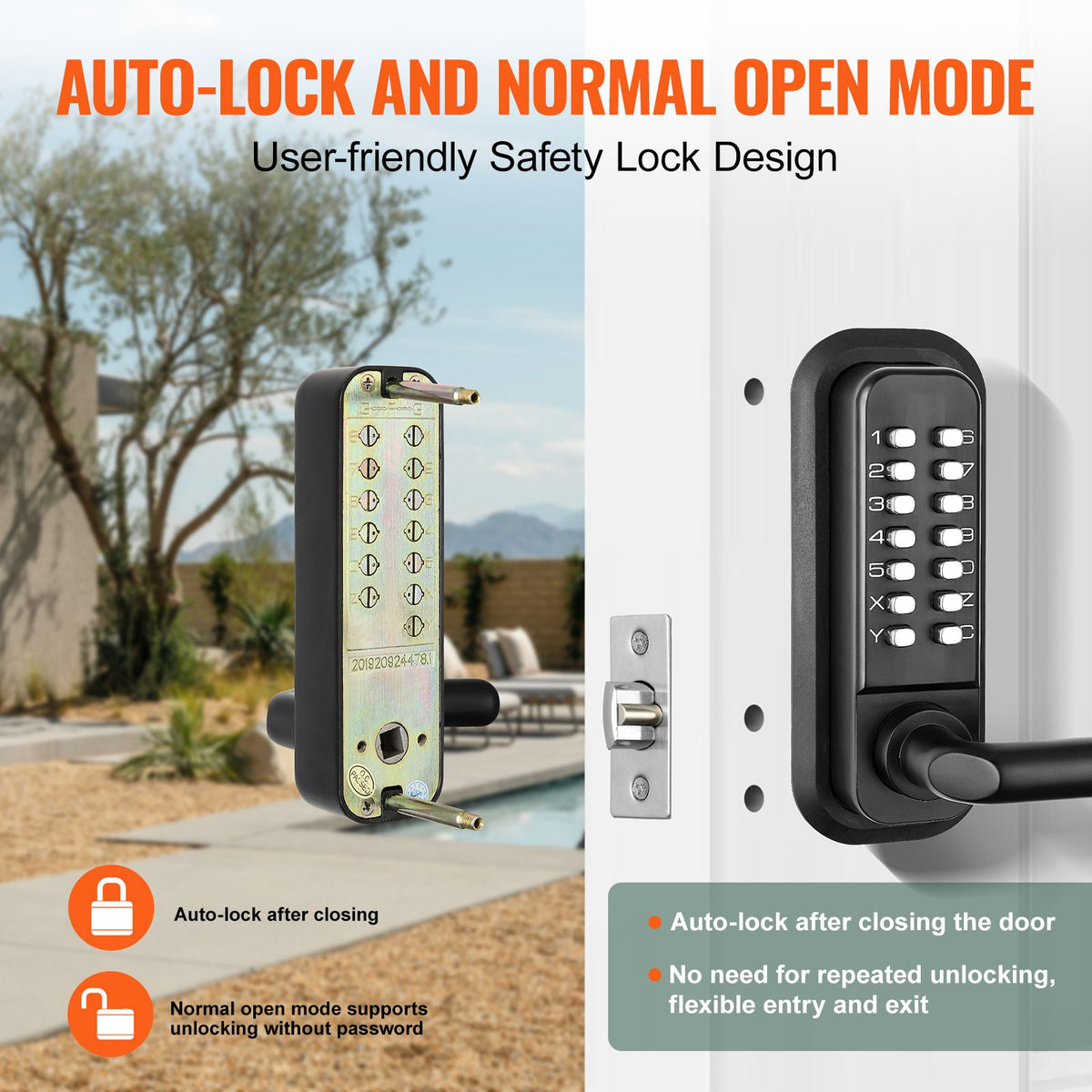 Mechanical Keyless Door Lock 14 Digit Keypad Zinc Alloy Outdoor Gate Lock