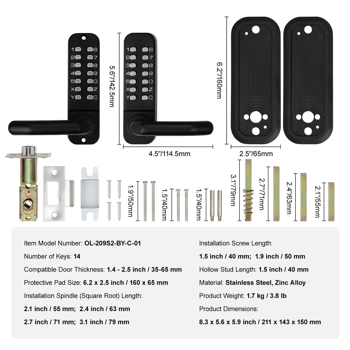 Mechanical Keyless Door Lock 14 Digit Keypad Zinc Alloy Outdoor Gate Lock