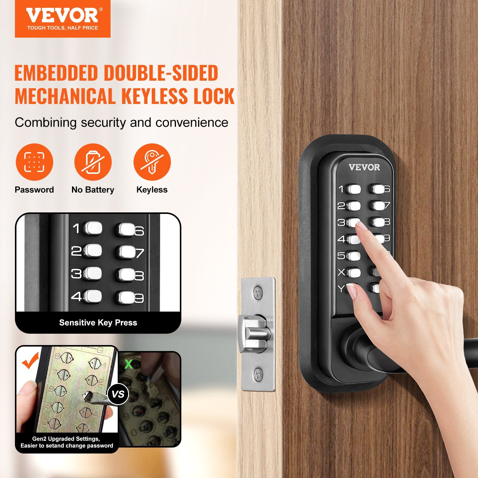 Mechanical Keyless Entry Door Lock, 14 Digit Keypad, Water-proof Zinc Alloy, Double-sided Embedded Outdoor Gate Door Locks Set with Keypad and Handle, Easy to Install, for Garden, Garage, Yard