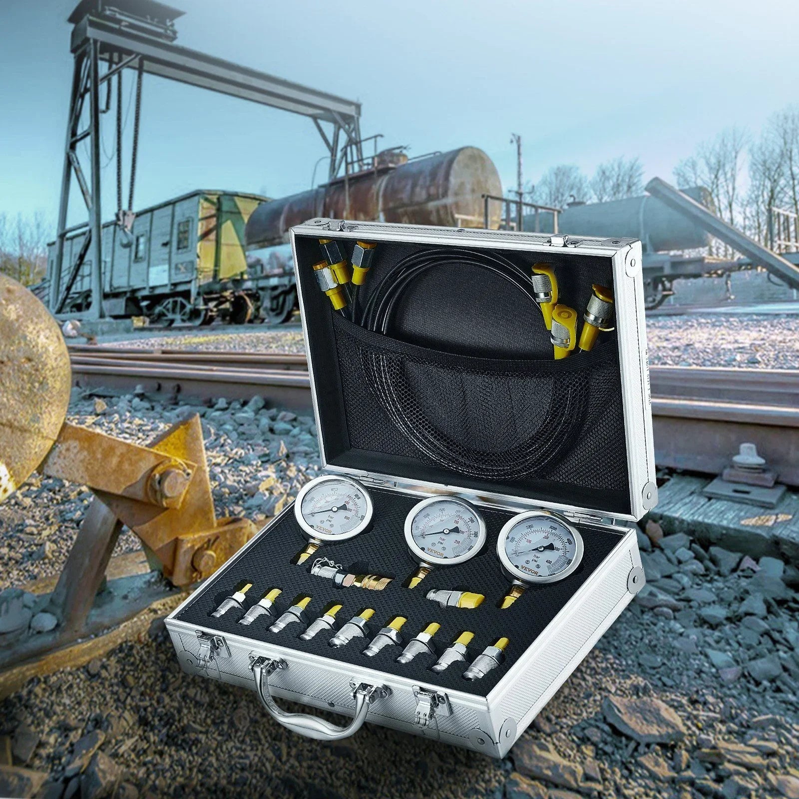 Hydraulic Pressure Test Kit, 250/400/600bar, 3 Gauges 11 Test Couplings 3 Test Hoses, Excavator Hydraulic Test Gauge Set with Portable Carrying Case for Excavator Tractors Construction Machinery
