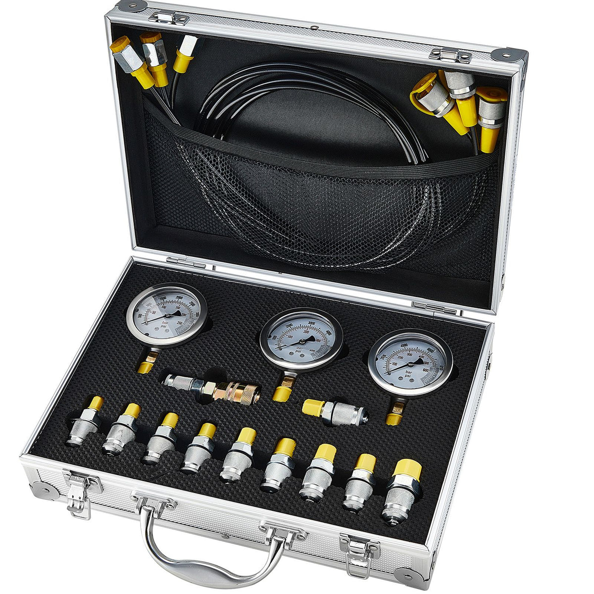 Hydraulic Pressure Test Kit 250 400 600 Bar 3 Gauges 11 Couplings 3 Hoses