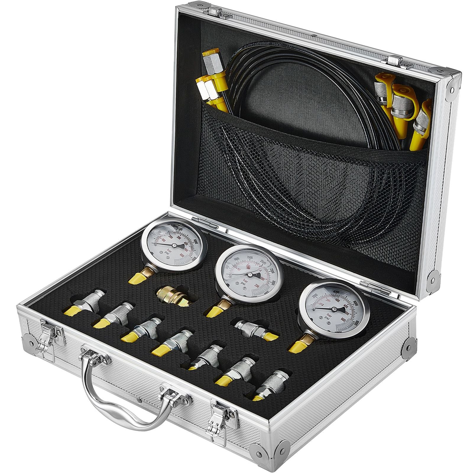 Hydraulic Pressure Test Kit 600Bar Gauge Set with Hoses Couplings Case