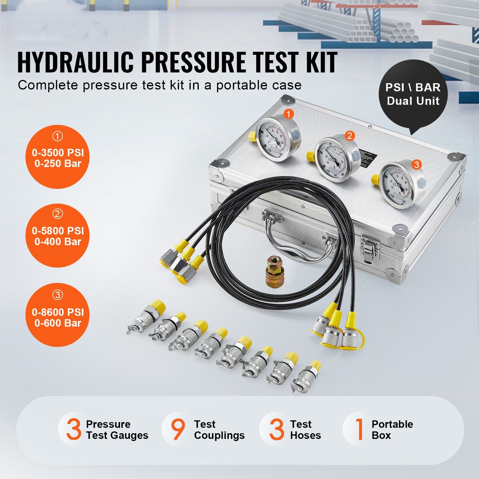 Hydraulic Pressure Test Kit 600Bar Gauge Set with Hoses Couplings Case