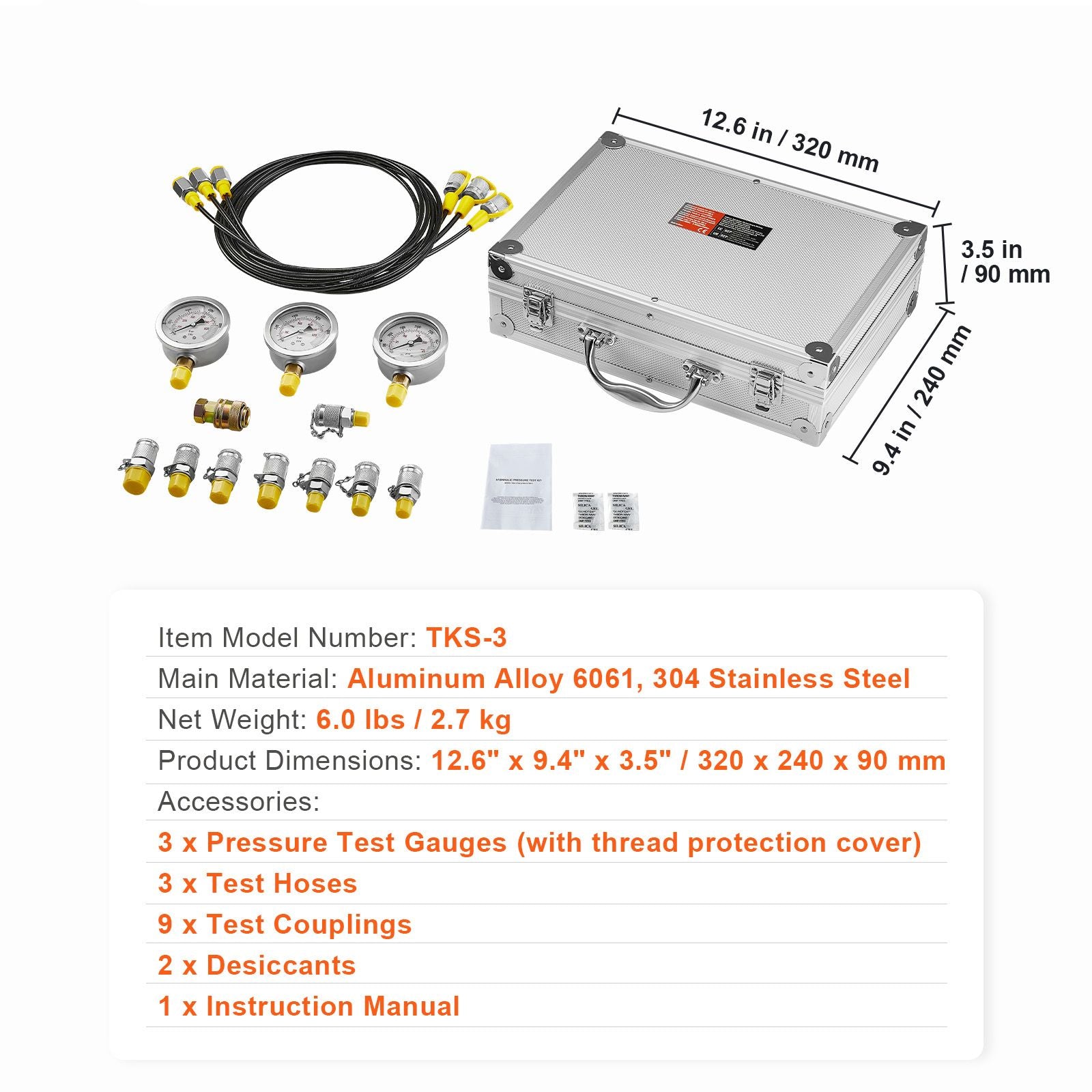 Hydraulic Pressure Test Kit 600Bar Gauge Set with Hoses Couplings Case