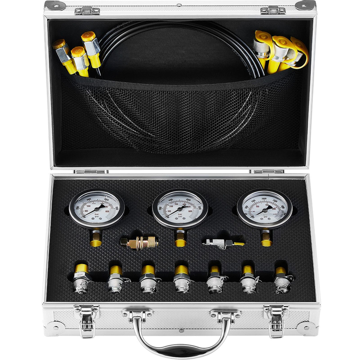 Hydraulic Pressure Test Kit 600Bar Gauge Set with Hoses Couplings Case