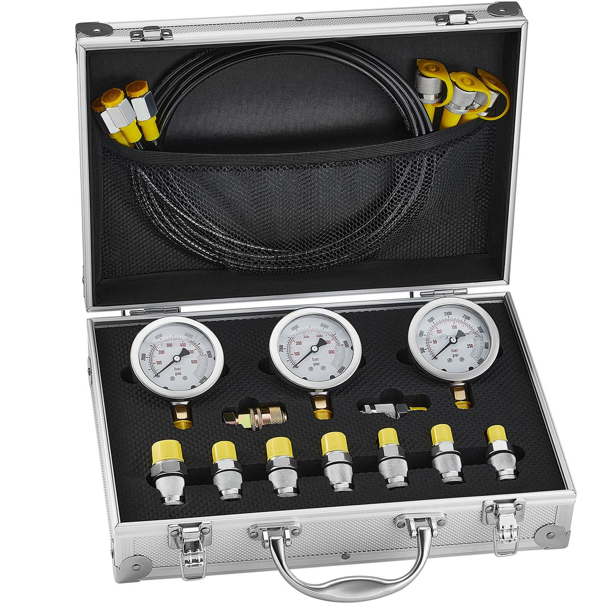 Hydraulic Pressure Test Kit 600Bar Gauge Set with Hoses Couplings Case