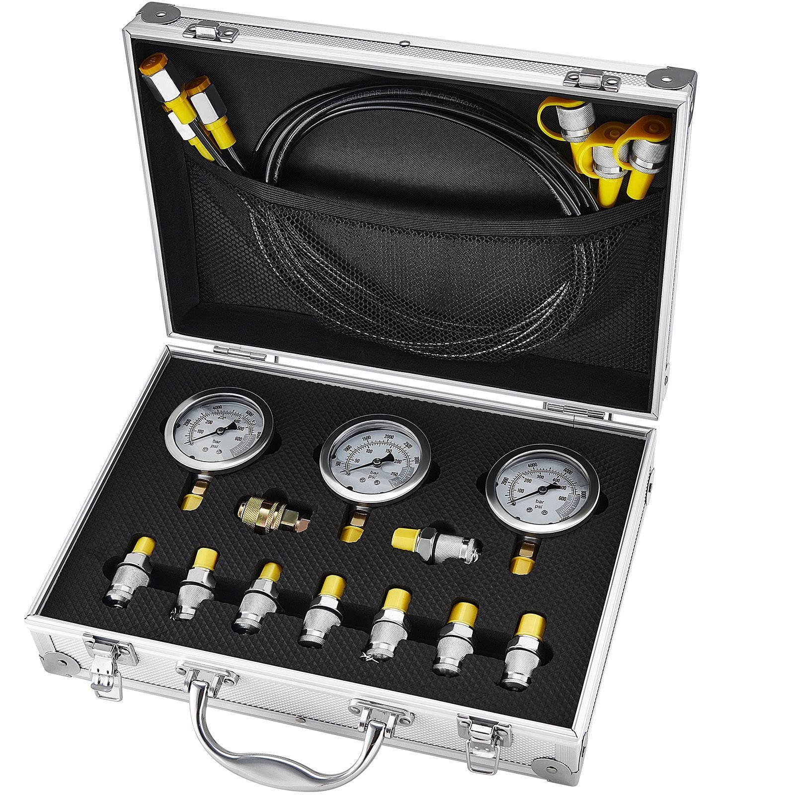 Hydraulic Pressure Test Kit 600Bar Gauge Set with Hoses Couplings Case