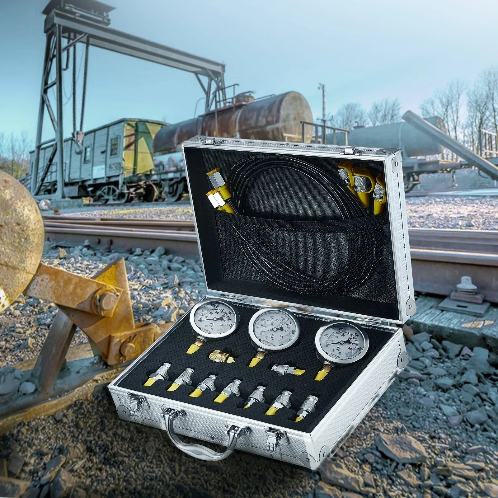 Hydraulic Pressure Test Kit, 250/400/600bar, 3 Gauges 9 Test Couplings 3 Test Hoses, Excavator Hydraulic Test Gauge Set with Portable Carrying Case for Excavator Tractors Construction Machinery